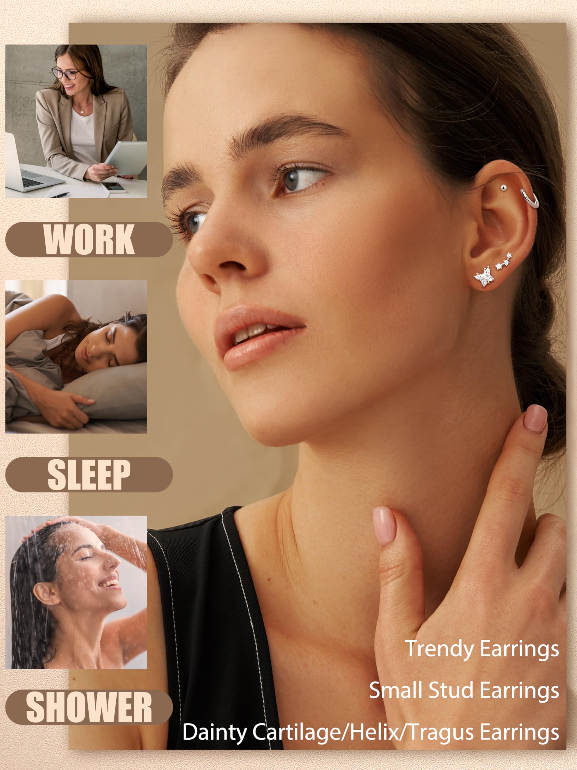 Aretes de plata de ley para mujer, hipoalergénicos para múltiples piercings, delicados aretes chapados en oro de 14 quilates, juego de aretes pequeños de plata, Plata de ley, No es una piedra 6