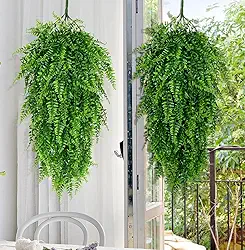2 peças de plantas falsas penduradas de 75 cm, samambaias artificiais para ambientes externos, samambaias falsas de plástico resistentes a UV para decoração de festas de casamento e festas de