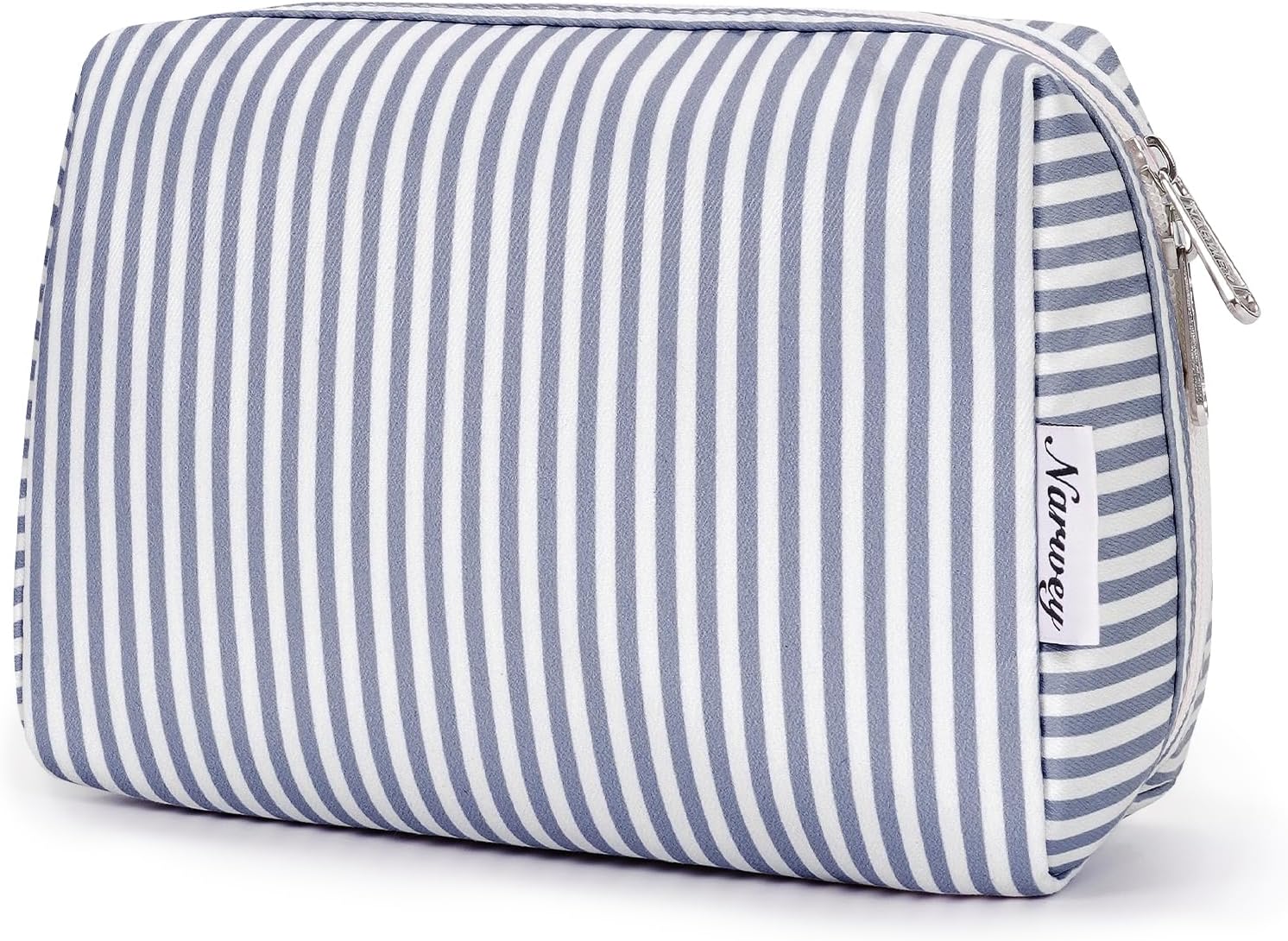 Narwey Striped Makeup Bag Travel Cosmetic Bag Organizer Toiletry Bag Make Up Bags with Compartments for Women Girls (Large, Greyish Blue Stripe)
