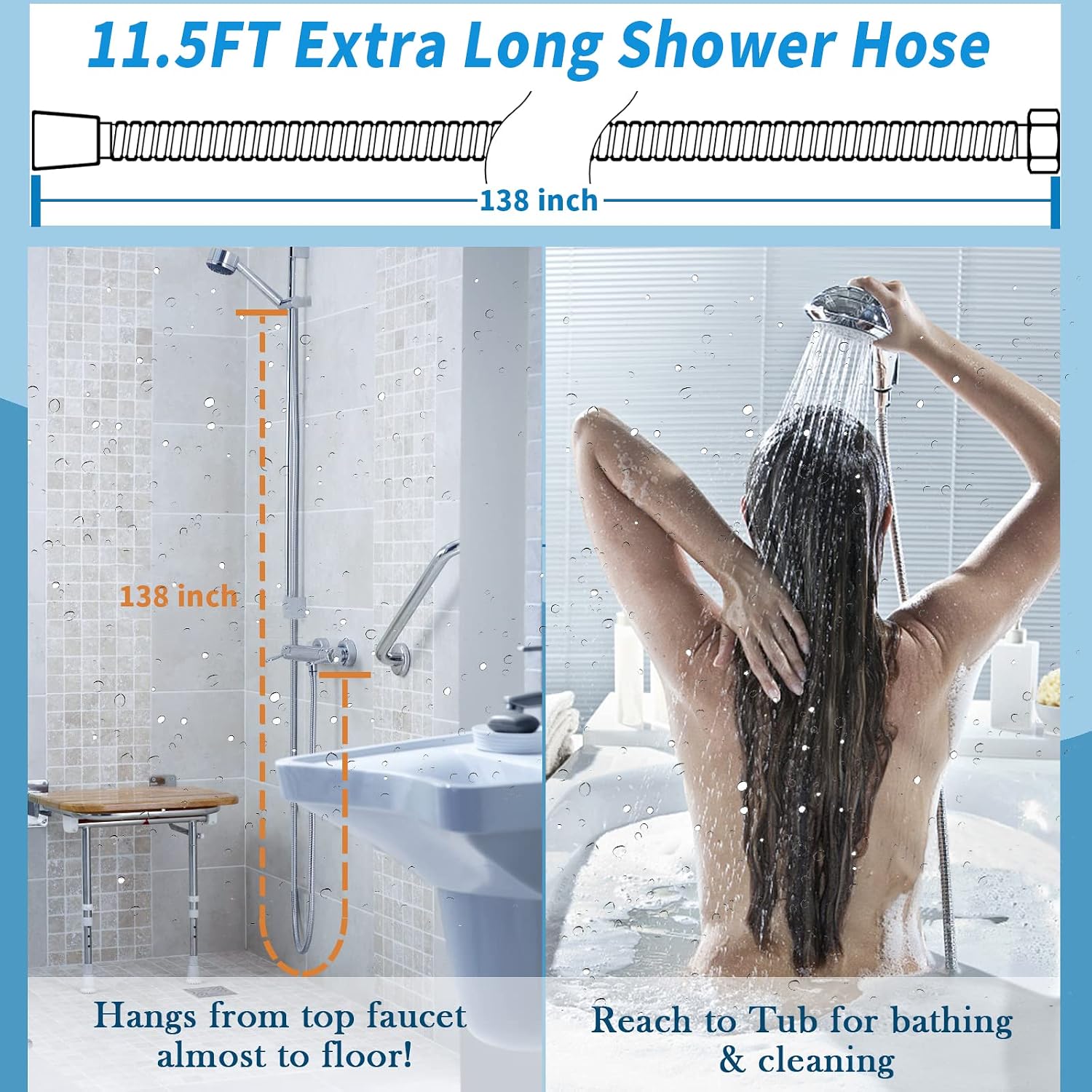138" Shower Hose Replacement Extension - Klleyna Extra Long Flexible hose for Handheld Shower Head, Bathtub Faucet Hose Attachment, Stainless Steel Pipe, RV,Bathroom Cleaning Bidet Sprayer,Lightweight