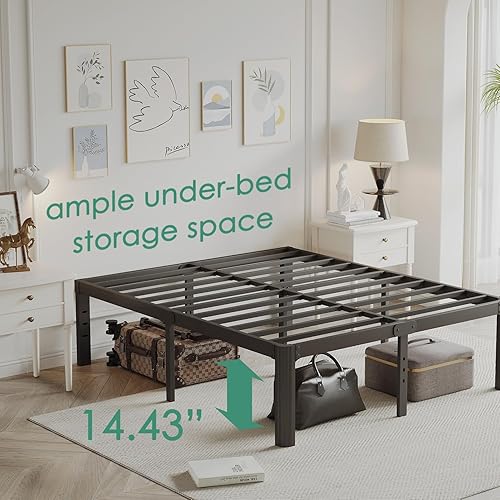 Miniatura 4 de Marco de cama de metal de plataforma de 16 pulgadas de alto, tamaño King, marco de cama King, no necesita somier, resistente, sin ruido, fácil