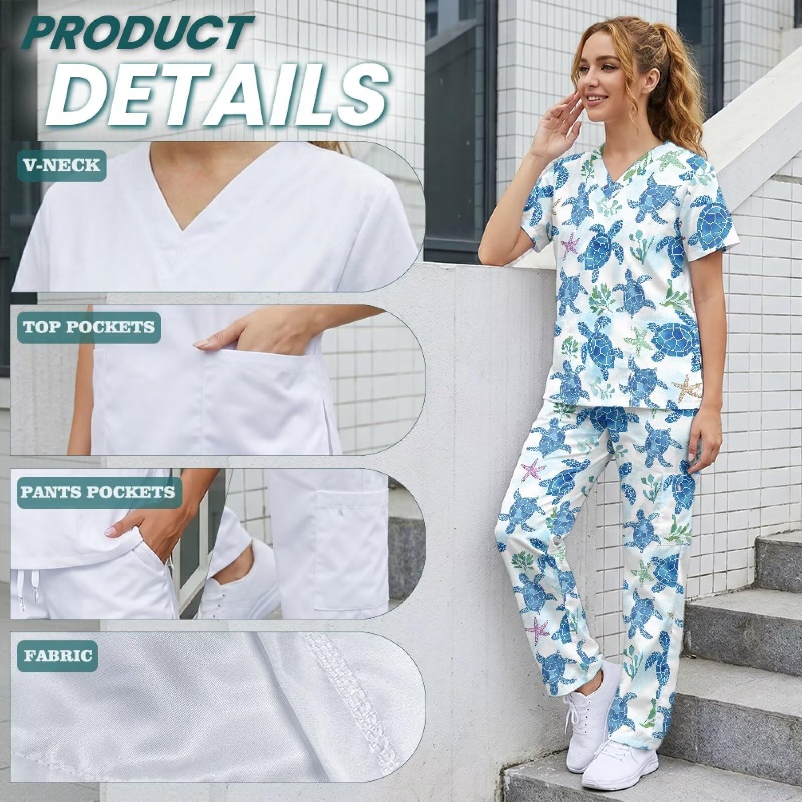 Sea Turtle - Conjunto de ropa quirúrgica para mujer, suave, de fácil cuidado, y pantalones altos con 6 bolsillos, ropa quirúrgica de talla grande para mujer, ropa de trabajo, color azul