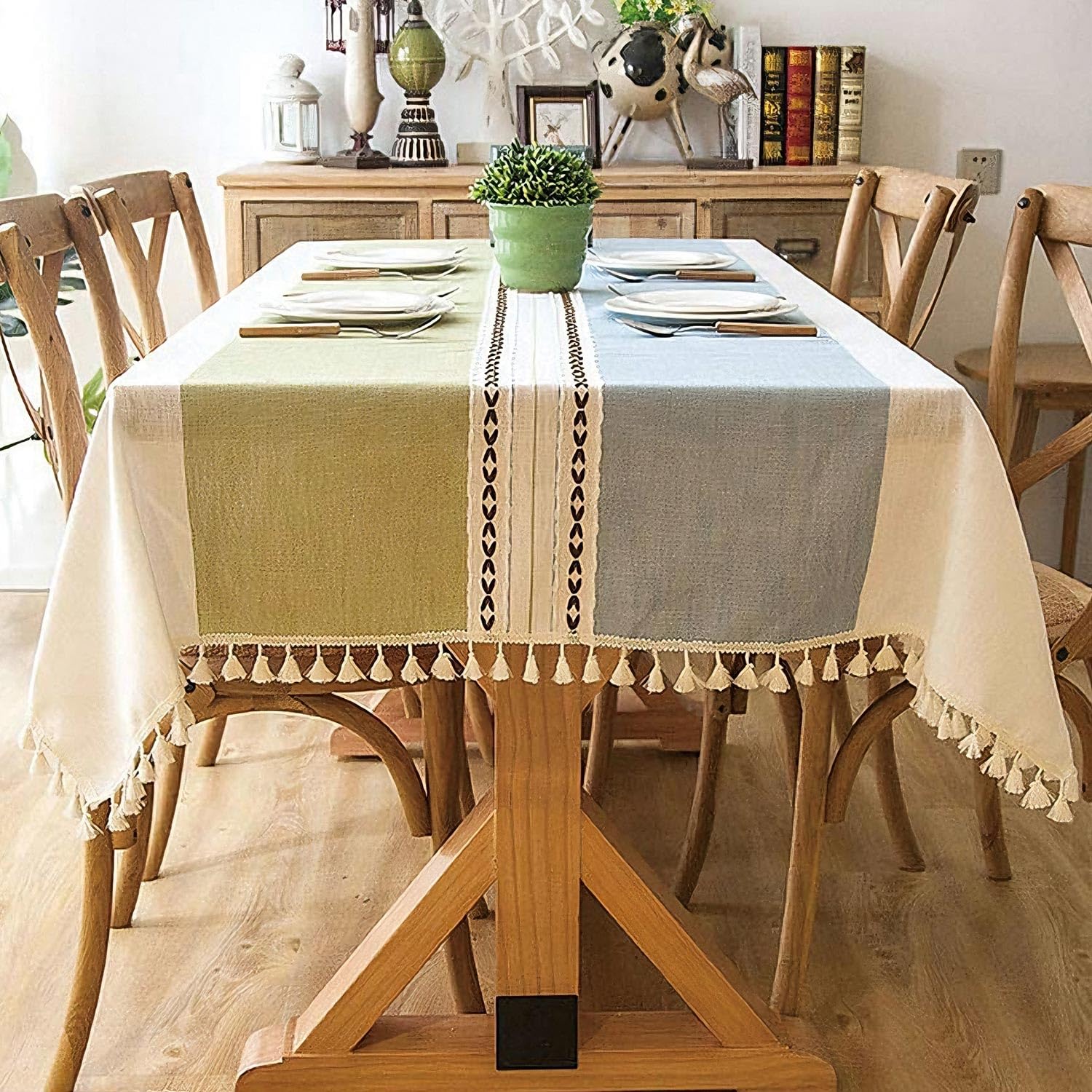 Pahajim Nappe Rectangulaire Anti Tache Lin Coton Nappe Tissu Lavable Table Cloth Imperméable pour Cuisine Exterieur Décoration de Table(Bleu Vert rayée, 140x260cm)