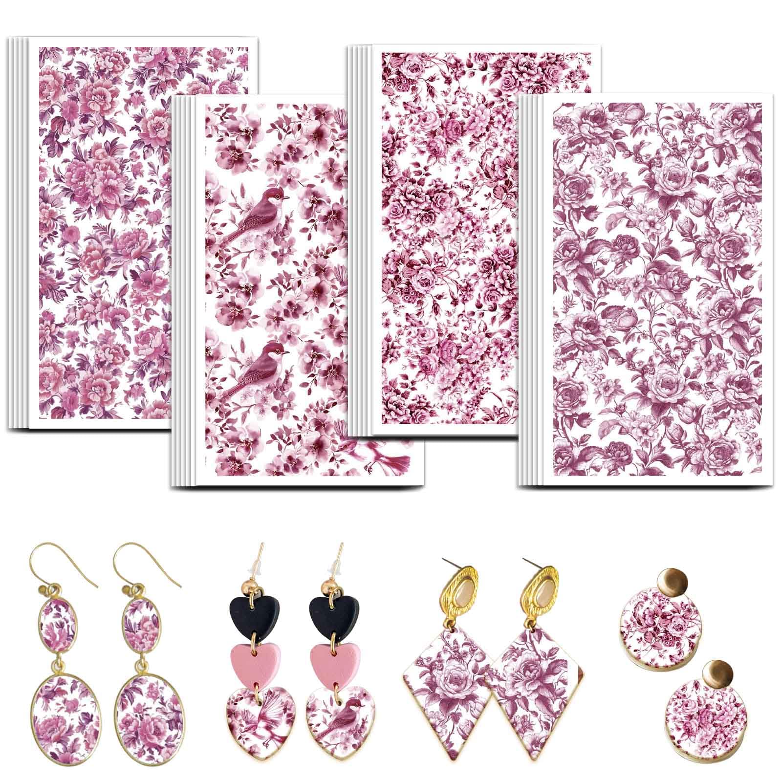 OLYCRAFT 24Pcs Pink Oriental Floral Clay Transfer Paper 4 Design Transfers Paper for Polymer Pink Peonies Polymer Clay Transfer Sheets Small Ceramic Decals for Earrings Jewelry Making