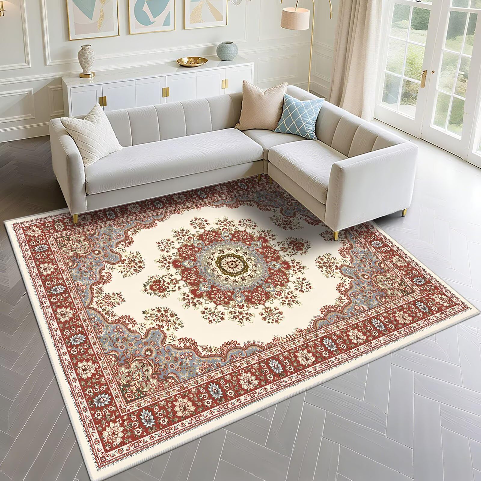 Tapis fin rouge 120x140cm à motif floral moderne beige pour salon