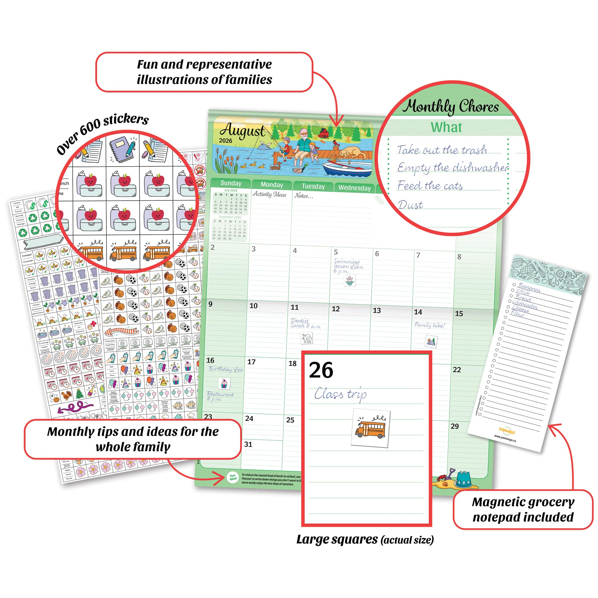POMANGO Calendario familiare 2026 inglese, 17 mesi, pianificatore familiare: da agosto 2025 a dicembre 2026, 38 x 48 cm, striscia magnetica, 600 adesivi, blocco note, edizione 2025-26 con app mobile