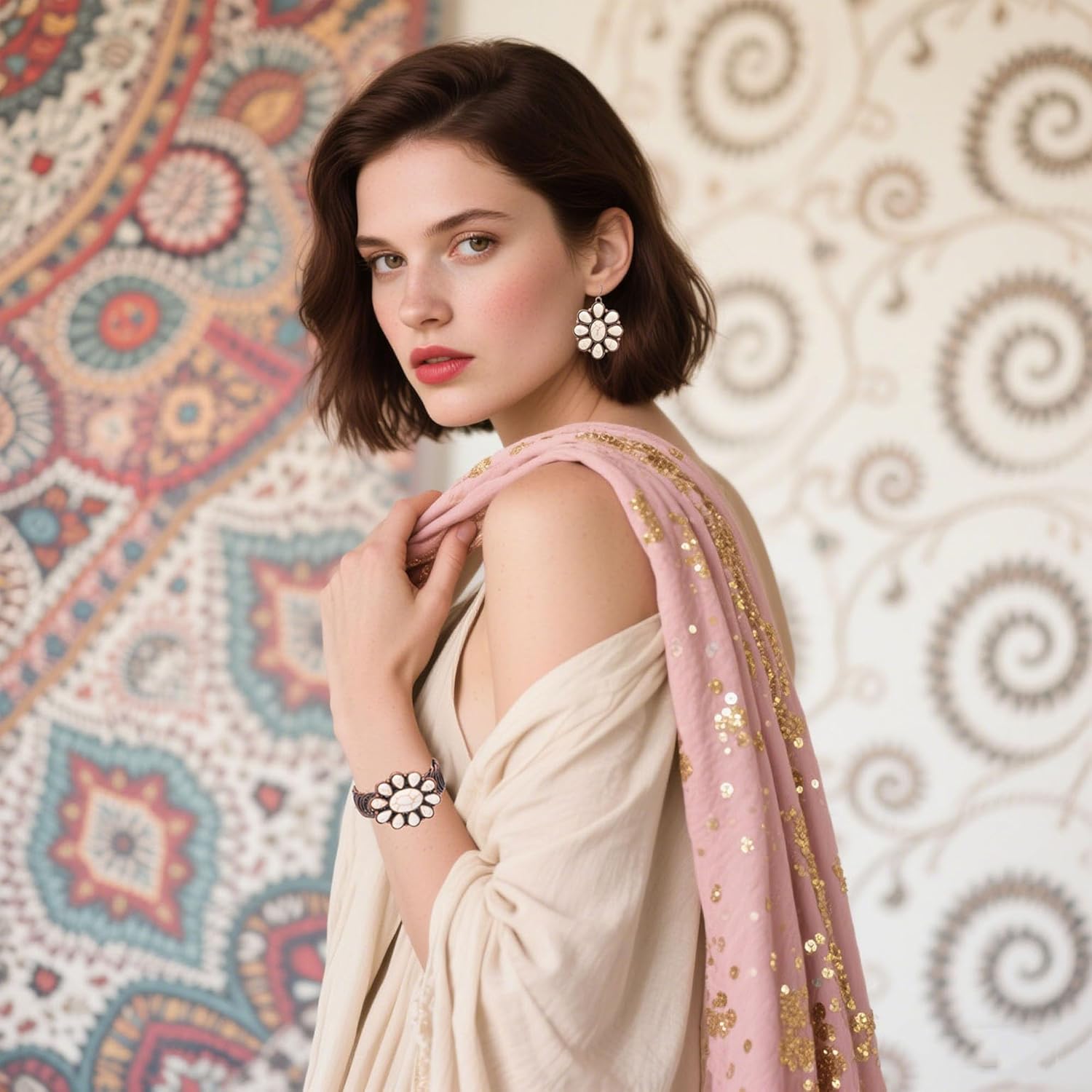 4 PCS Western Turquoise Jewelry for Women Boho Vintage Navajo Pearl Necklace Earring Bracelet Ring Set Country Cowgirl Accessories for Gift - Image 4