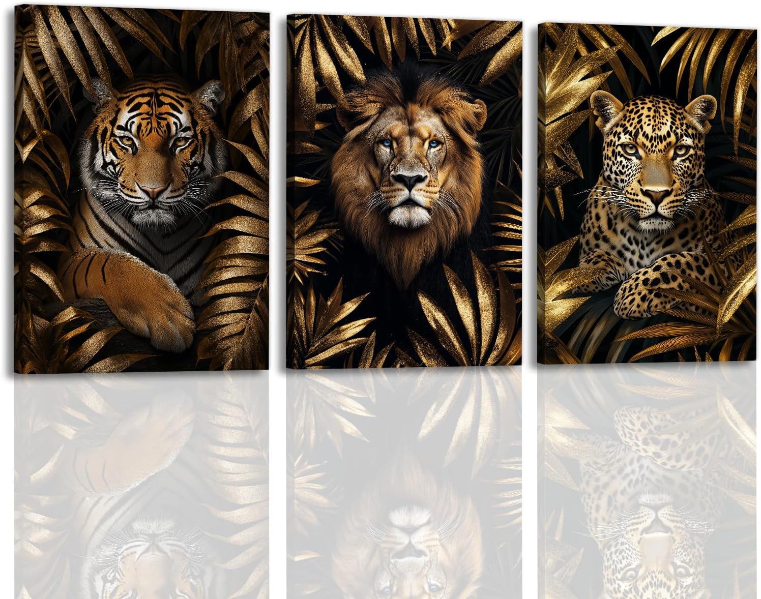 Wild Animal Canvas Wall Art 3 Panel Black Gold Poster Tiger Lion Leopard Portrait Pictures Inspirational Painting Modern Artwork Framed for Living Room Wall Decor(Artwork-1,11"x14"x3pcs)