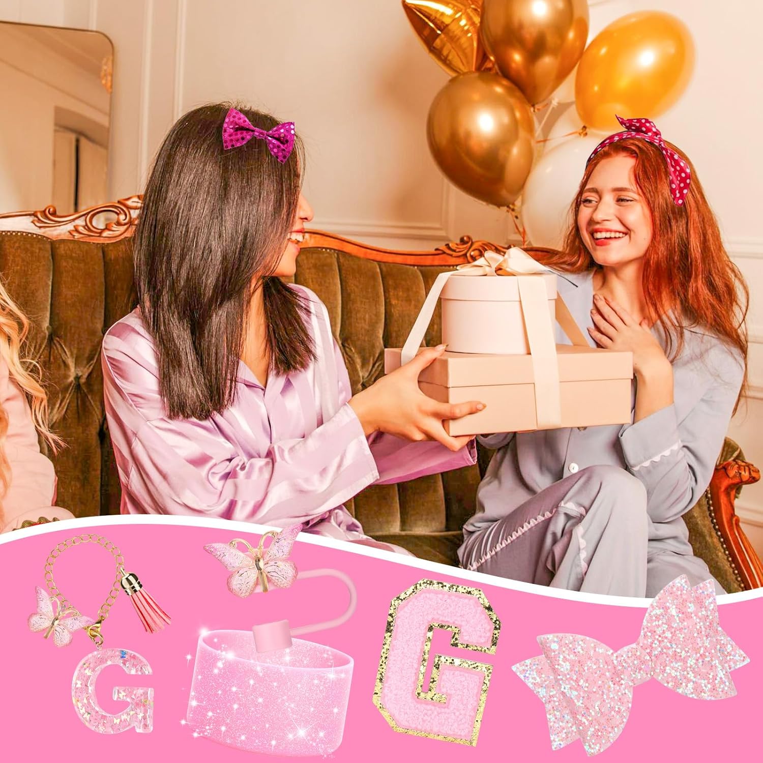 Mity rain 9PCS Pink Cup Accessories Set for Stanley Cup 30oz 40oz tumbler with handle - Includes Strap,Straw Bow Decorate,Straw Topper,Boot,Spill Proof Stoppers,Handle Charms,Sticker (Initials G) - Image 7