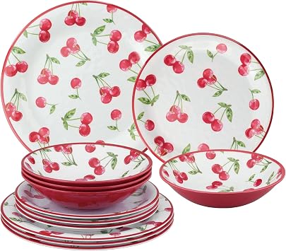 UPware 12 Piece Cherry Melamine Dinnerware Sets, Outdoor Dishes Set, Plates and Bowls Sets, Service for 4, Red