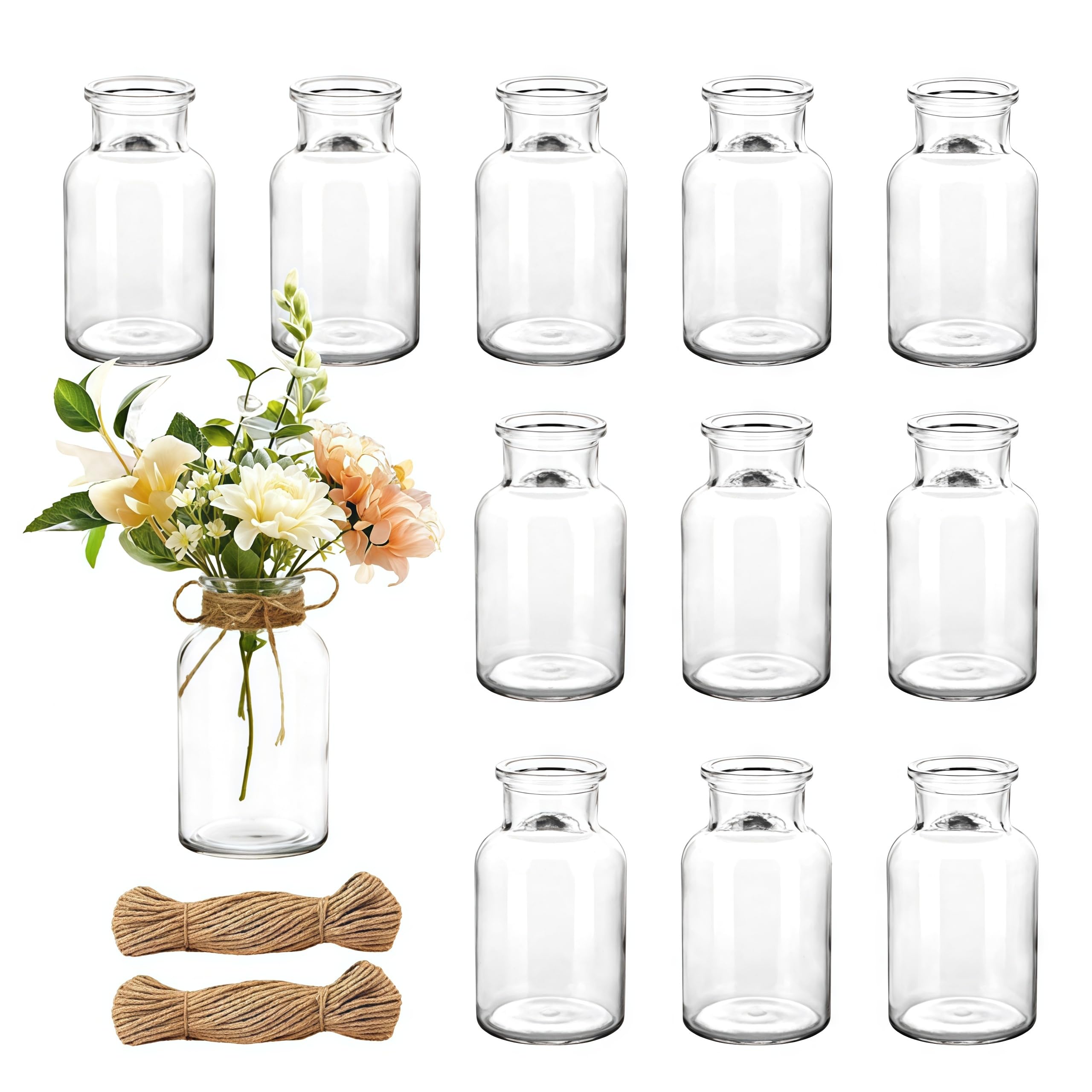 Meetoz Transparent 12Pcs Small Glass Bud Vases, Cute Glass Small Vases For Flowers, 125Ml Mini Vintage Vases With 10M Jute Twine, For Home & Table Decoration, Wedding, Party, Birthdays And Any Holidays