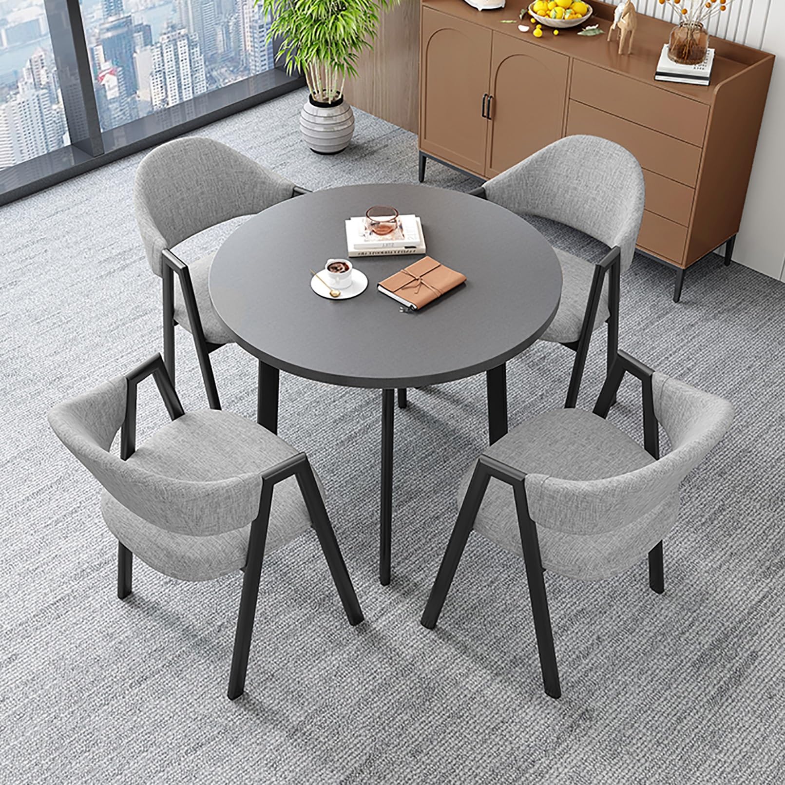 Set da pranzo moderno rotondo a 4 pezzi con 4 sedie, tavolo da caffè/reception salvaspazio per il tempo libero/ufficio, set tavolo e sedie da club