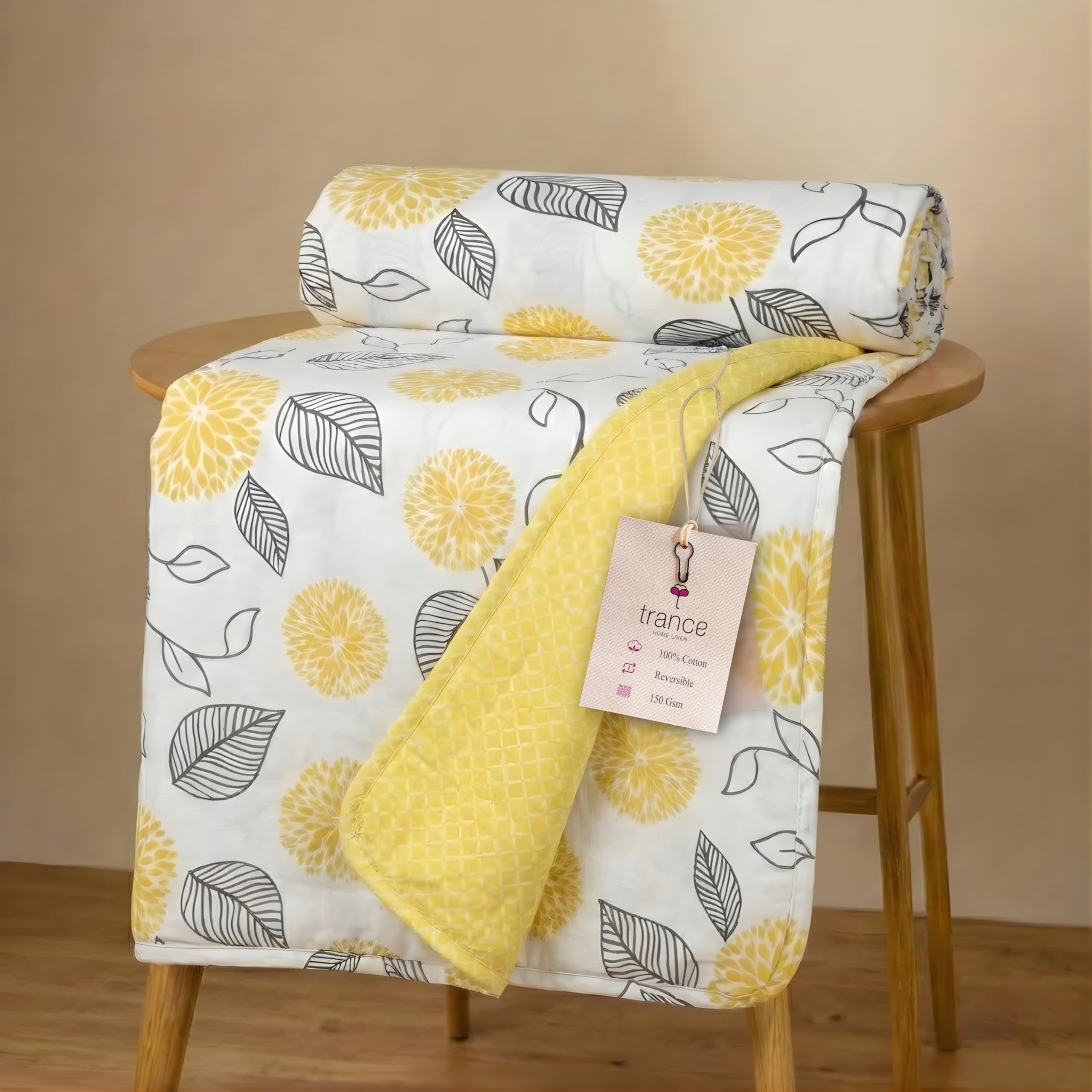 Trance Home Linen 150 GSM 100% Cotton Reversible Dohar Double Bed Size | AC Blanket Comforter | Soft Light-Weight Bed Blanket (84 x 88 inch, Yellow White Flowers, Pack of 1) Summer Collection-image-38