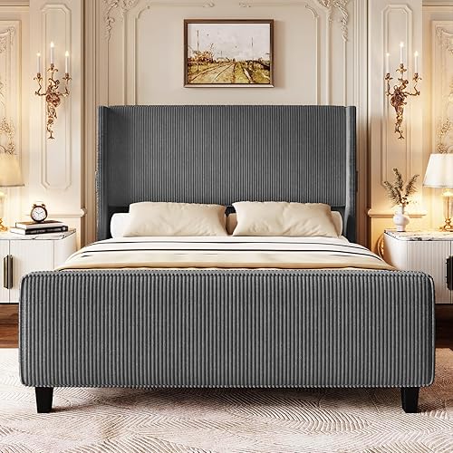 Miniatura 8 de Marco de Cama Tamaño Queen con Cabecero, Cama de Plataforma Tapizada con Cabecero Alto Tipo Wingback y Pie de Cama, Marco de Cama de Pana con