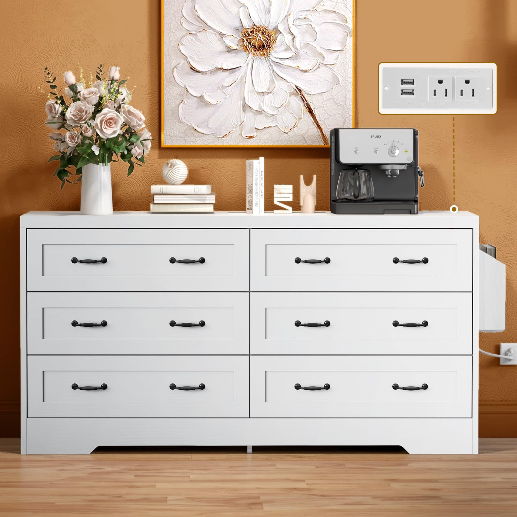 DWVO Farmhouse 6 Drawer Dresser for Bedroom, 59.5 Inch Large Modern Dresser TV Stand with Large Drawers & Bar Handles, Storage Dressers with Power Outlets, Rustic Wood Chest of Drawers, White New