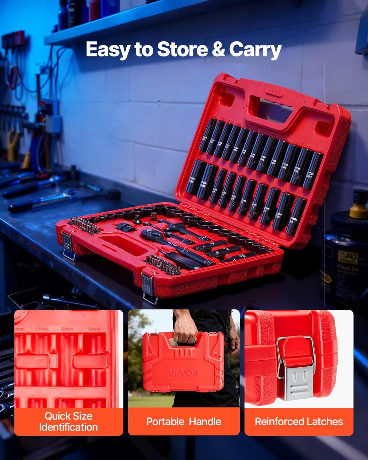 VEVOR 96 Piece 3/8" Drive Impact Socket Wrench and Bit Set, SAE (5/16" to 3/4") & Metric (8 to 22 mm), CR-V, Deep & Shallow, 6 Point, Ratchet, Universal Joint, Bit Holder, Adapters, Spark Plug Socket - Image 7