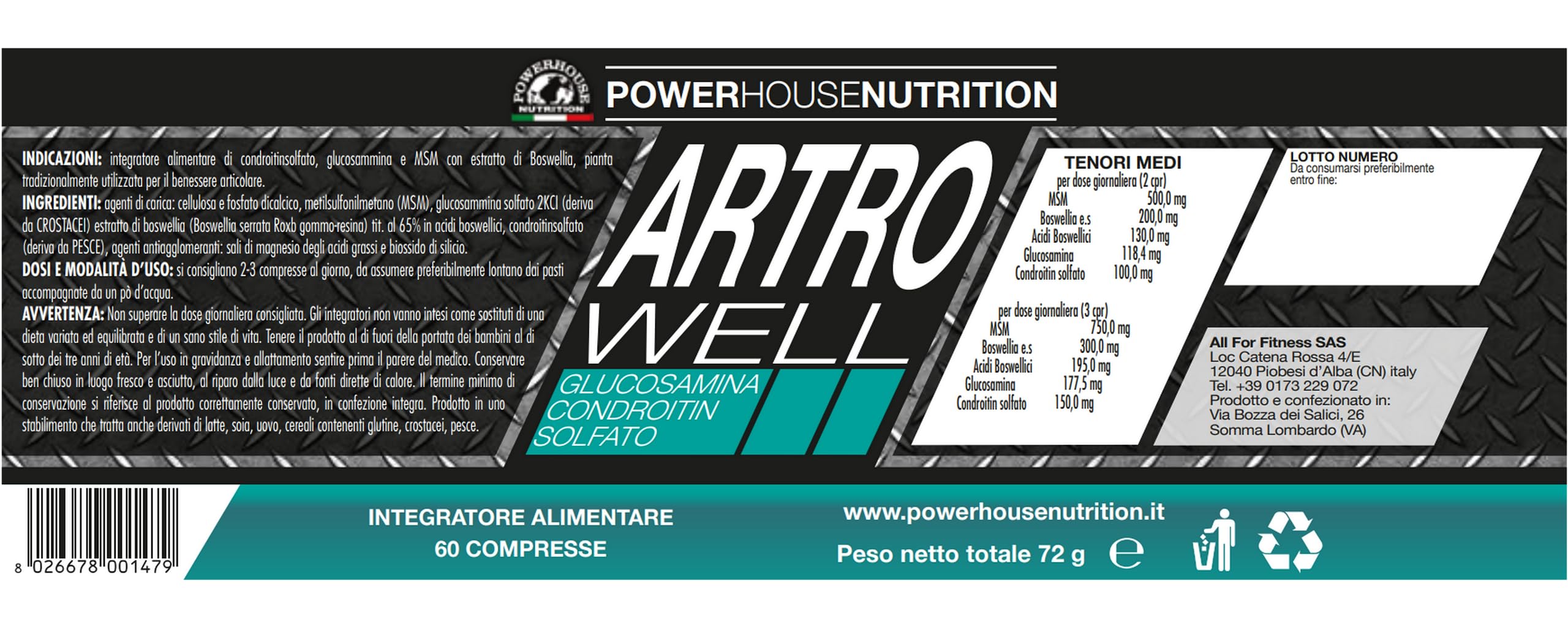 Glucosamina Condroitina MSM, Made in Italy, ARTROWELL Powerhouse Nutrition, Integratore Articolazioni & Cartilagine con Boswellia Serrata, Glucosamina Complex, Funzione Analgesica ed Antinfiammatoria