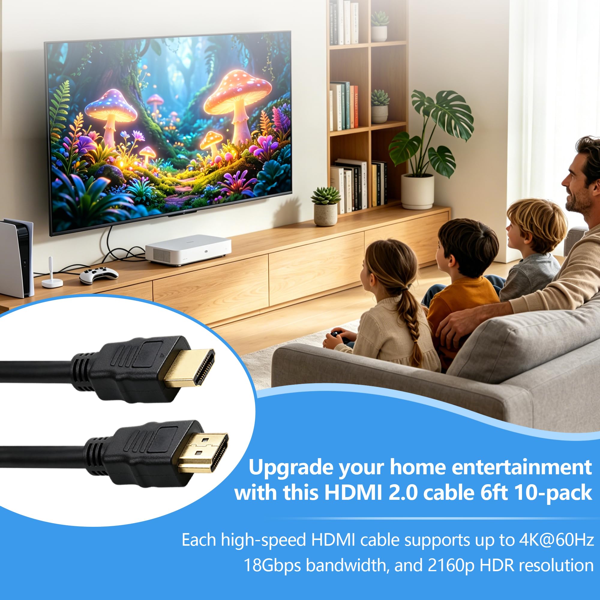 Cavo HDMI ad alta velocità per TV: 1,8 m (confezione da 10) 4K HD HDMI 2.0, 4K @ 60Hz 18Gbps 2160p HDR ARC Premium certificato maschio a maschio cavo per monitor, laptop, computer, PC, PS4