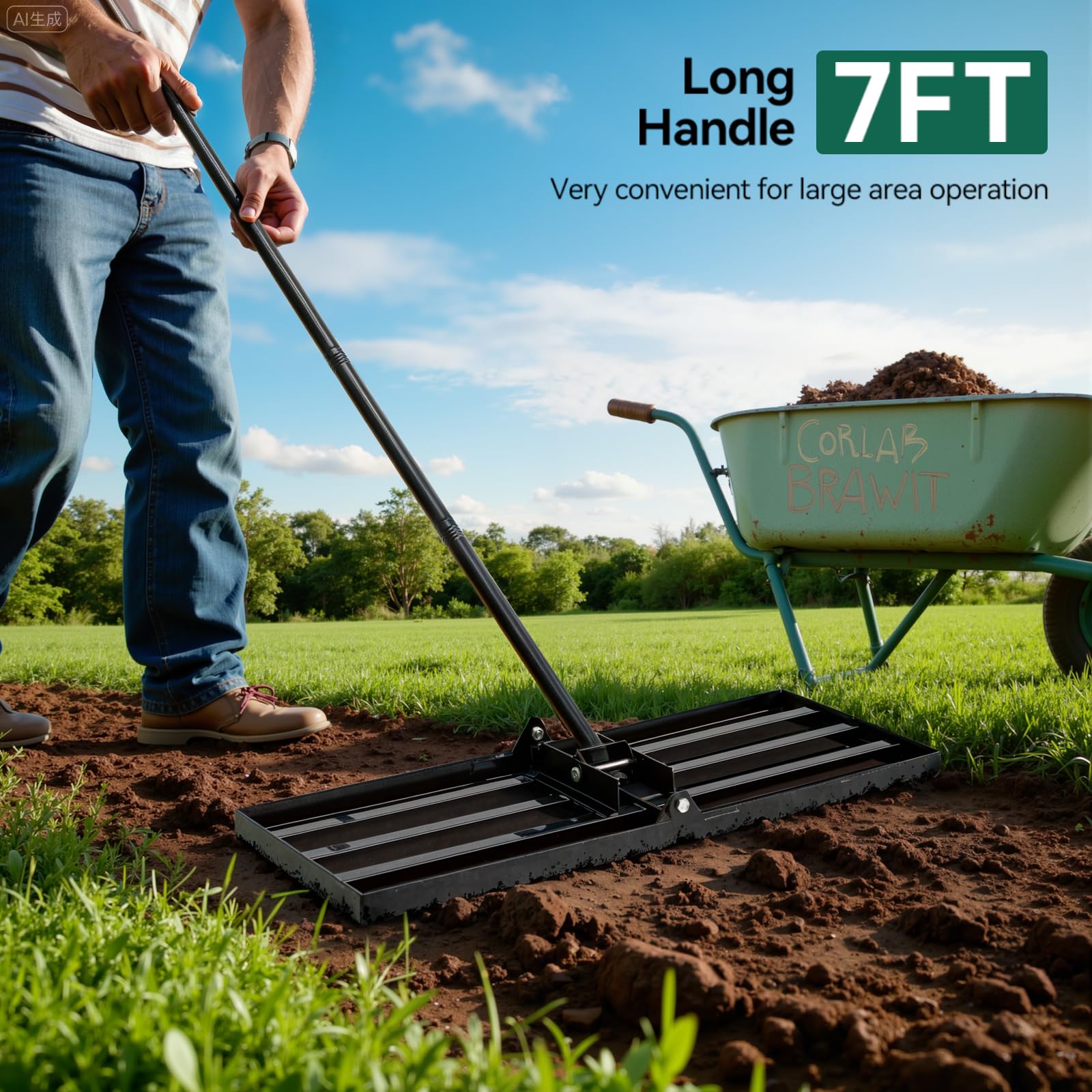 Warmiehomy Rastrillo nivelador de césped, rastrillo de jardín resistente con placa plegable de 76 x 25 cm y mango ajustable de 213 cm, rastrillo nivelador de césped para jardinería, suelo, césped de