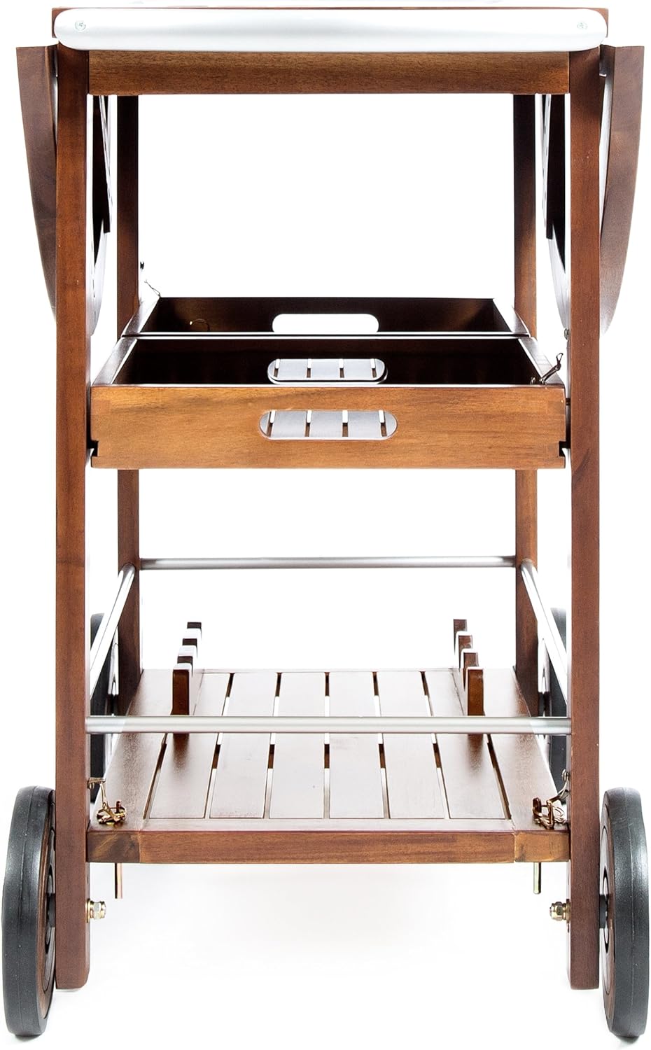 Outdoor Acacia Wood Bar Cart with Aluminum Accents，Drop Leaf and Removable Trays, Dark Oak