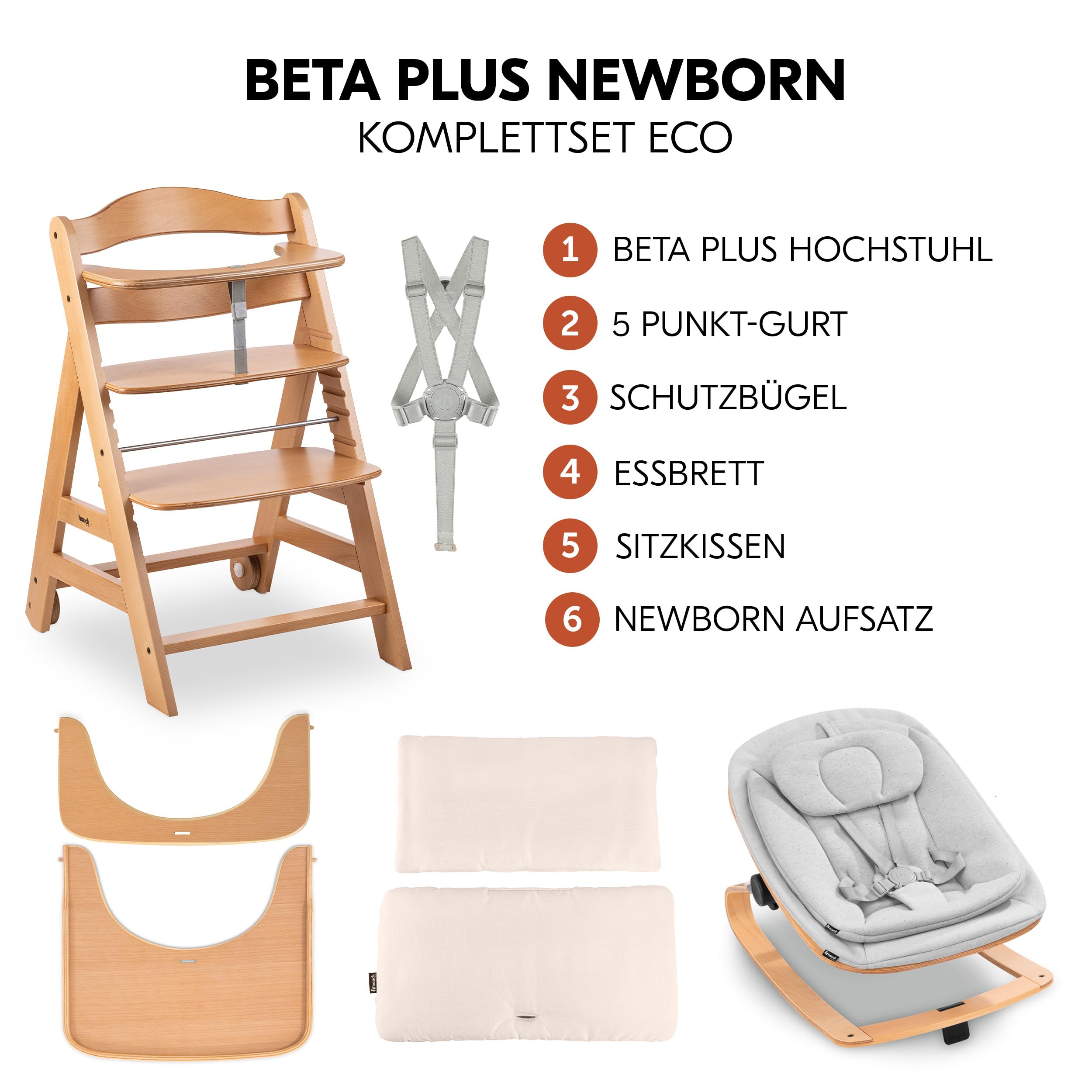 hauck Beta+ Hochstuhl Newborn Set mit Eco Bouncer - Natural | Mitwachsender Holz Kinderhochstuhl mit Rollen ab Geburt bis 90 kg | inkl. Neugeborenenaufsatz, Essbrett & Sitzkissen