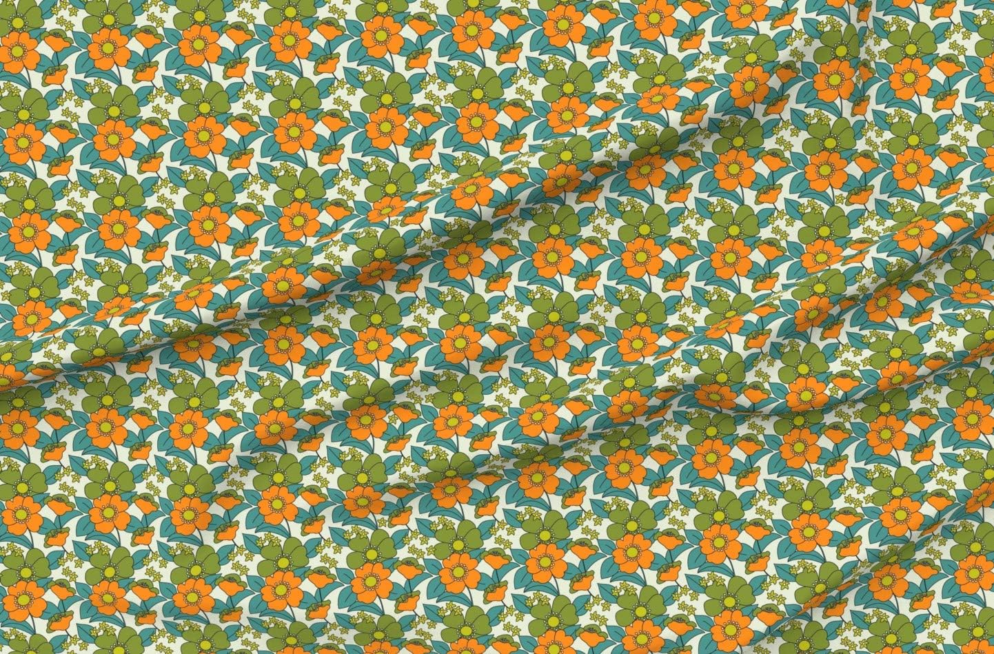 Spoonflower Fabric - 70S Floral Orange Retro Funny Hippie Medium Olive Green Teal Vintage Printed on Organic Cotton Sateen Fabric by The Yard - Sewing Quilting Apparel Home Decor