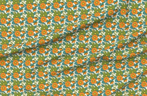 Miniatura 5 de Spoonflower Tela  70S Floral Naranja Retro Divertido Hippie Medio Verde Oliva Verde Verde Turquesa Vintage Impreso en Petal Signature Tela de
