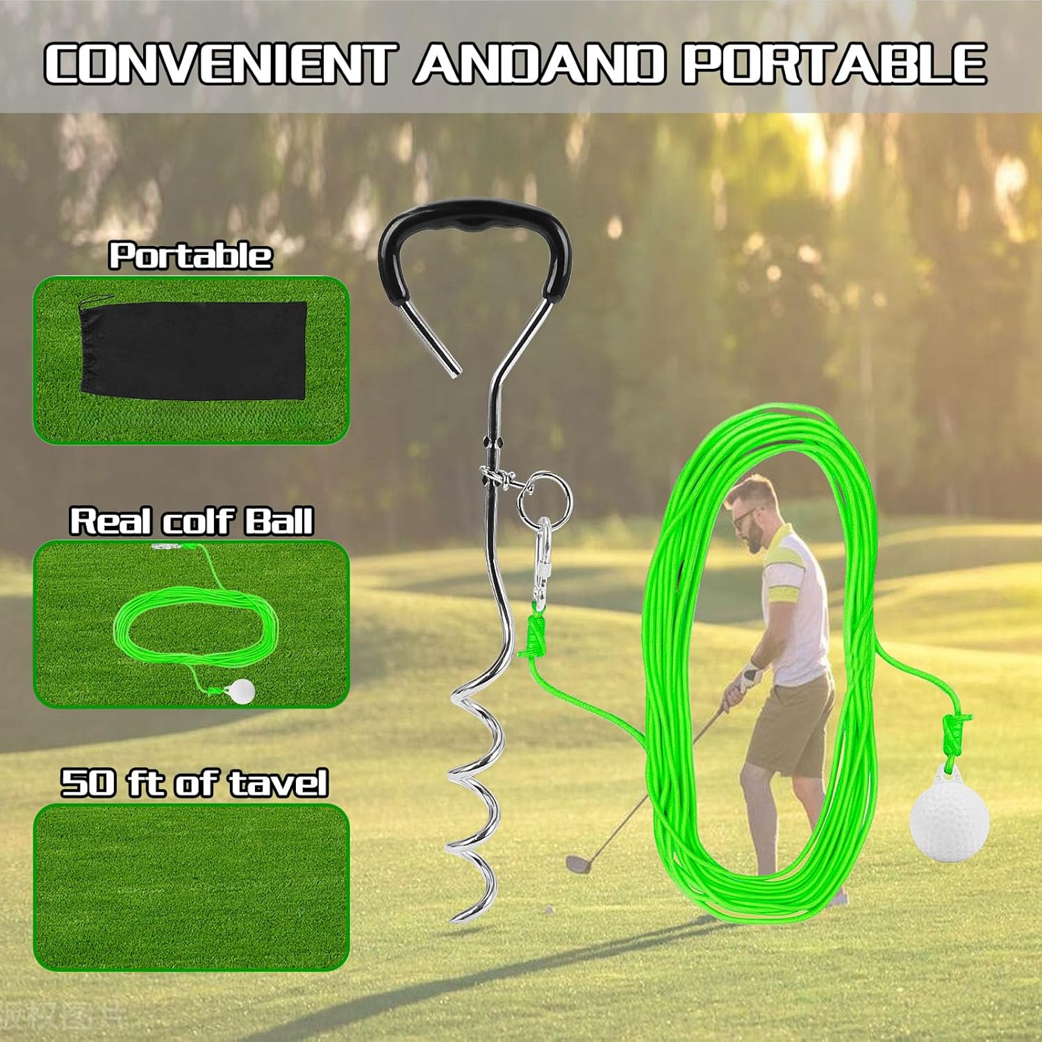 Golf Ball on a String Golf Training Tool Golf Swing Trainer | 65 Feet of Ball Flight Feedback | 4 Replaced Golf Balls | 4 Golf Stakes | Backyard Golf Practice at Home or Park Suitable for All Ages.