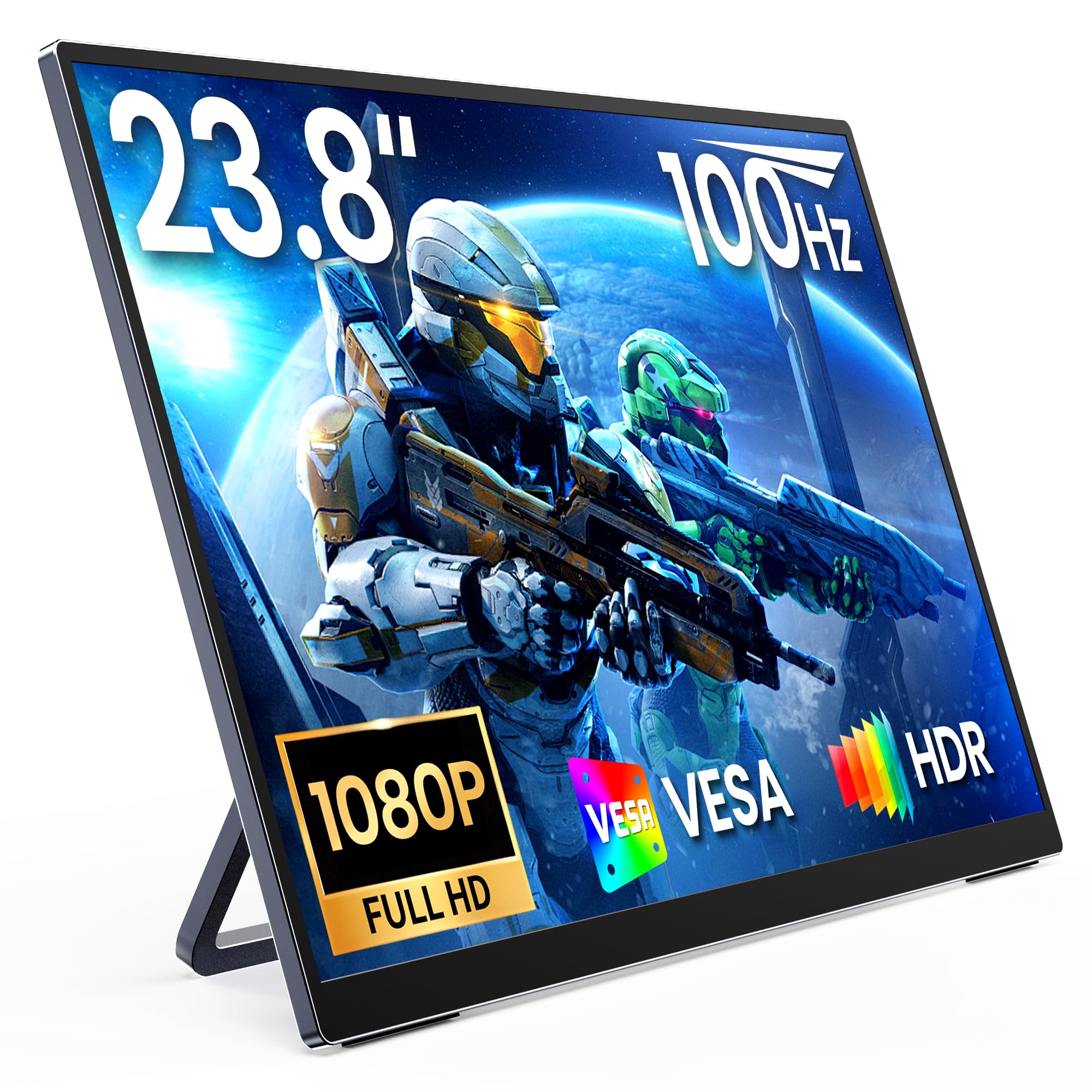 MNN 23.8'' Portable Monitor 100Hz 1080P IPS, Ultra Slim Metal Body with Built-in Kickstand & Dual Speakers, USB-C HDMI External Display for Laptop PC Phone PS5 Xbox Switch, Home Office Gaming Monitor 23.8’‘
