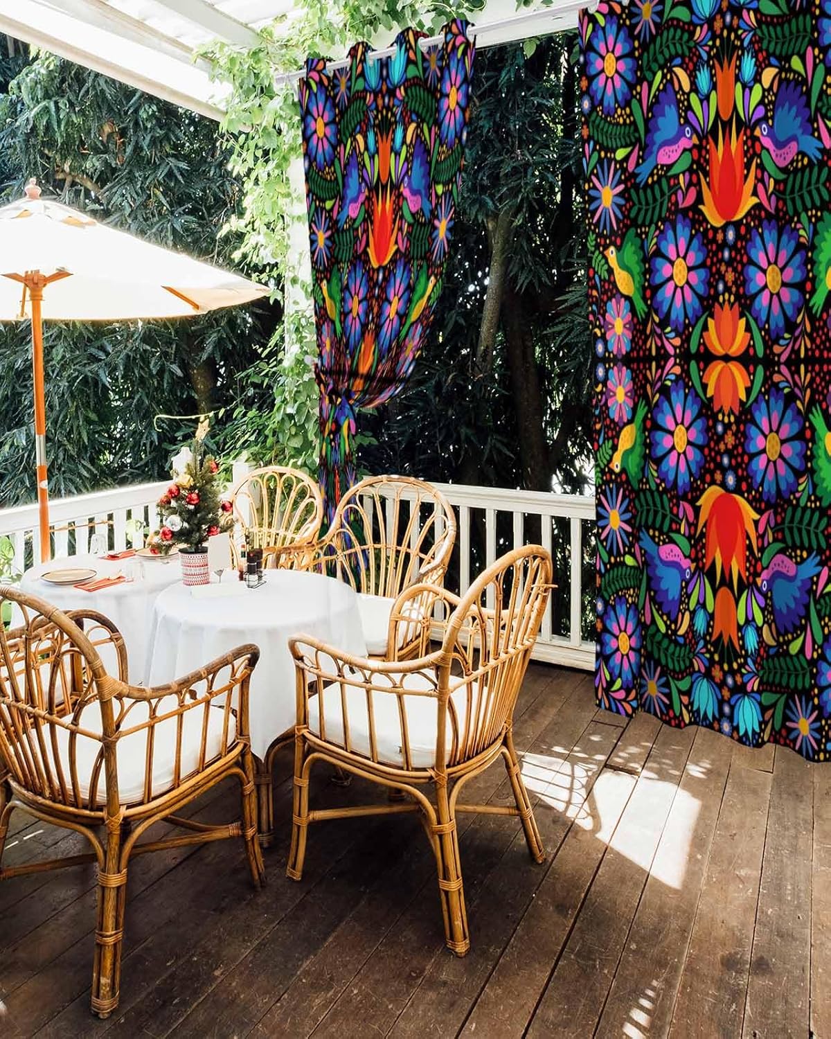 Outdoor Curtain for Patio Waterproof, Colorful Mexico Style Abstract Flower Floral Leaves Bird Windows Curtains Panels Outside Drapes for Living Room/Pergola/Garden/Balcony 52" W x 108" L