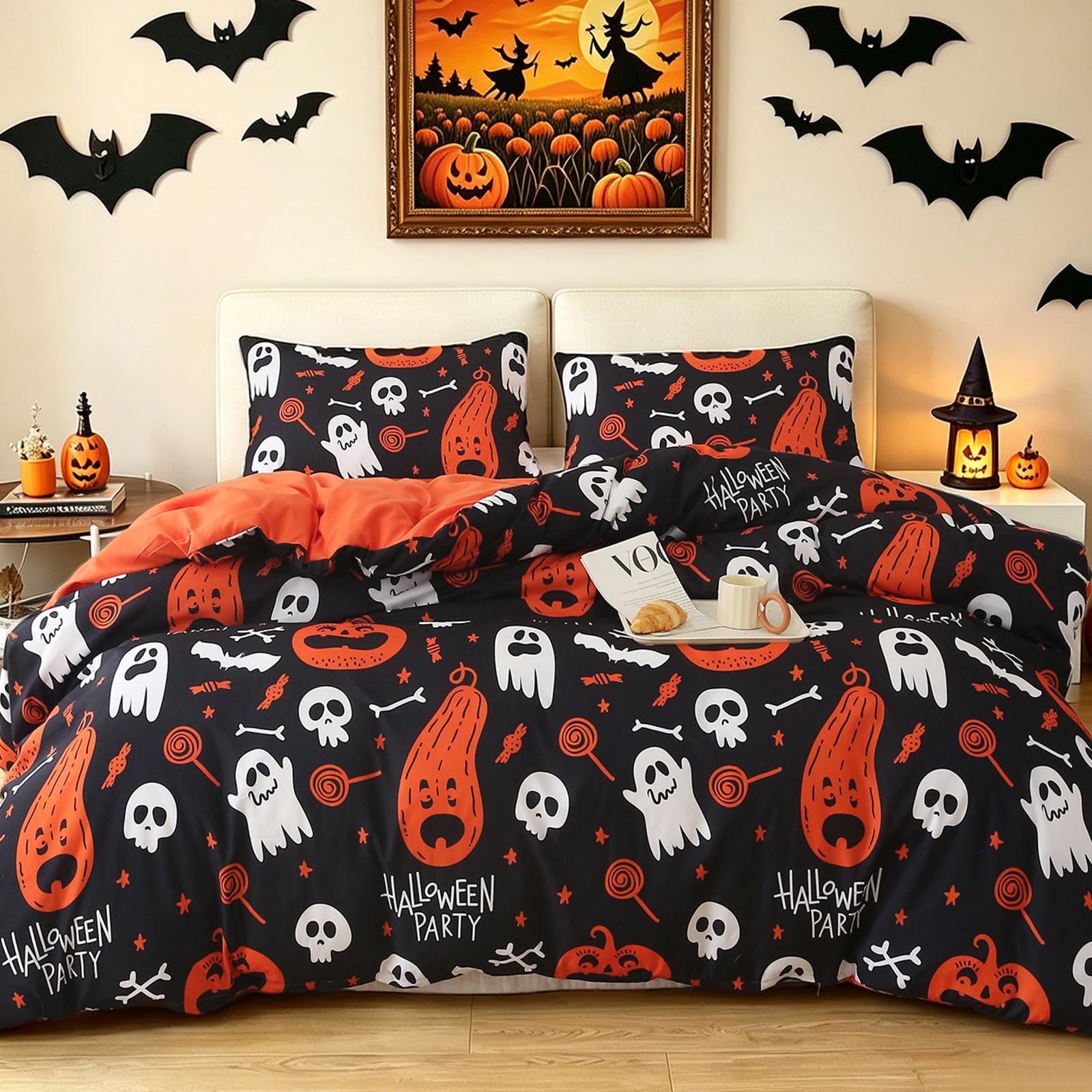Fondream Halloween King Size Duvet Cover Sets 3 Pieces with Skull Pumpkin