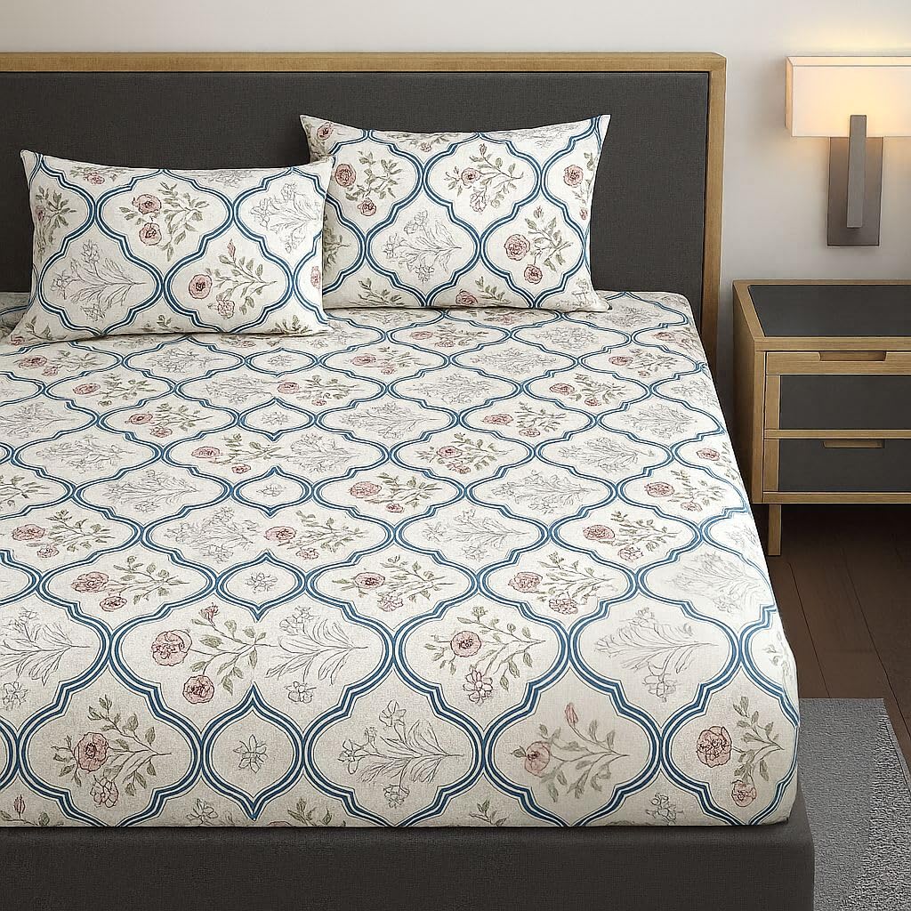 THE HOME STYLE Supersoft Glace Cotton Elastic Fitted All Around King Size Printed Double Bedsheet with 2 Pillow Cover & King Size Comforter/Duvet/Blanket (72"x78" + Comforter, Ivory Bloom)