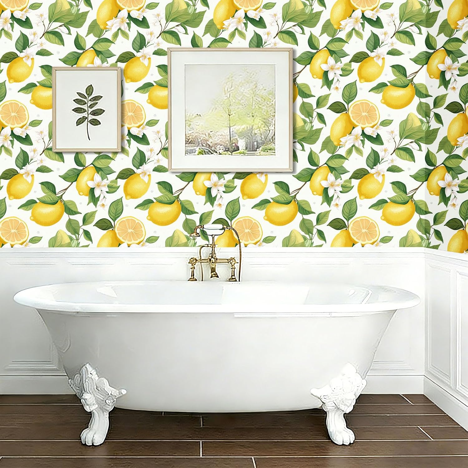 Yenhome Modern Farmhouse Peel and Stick Wallpaper Yellow Lemon Floral Wallpaper 17.5"X10ft Self Adhesive Removable Green Botanical Fruit Contact Paper Vinyl Wall Mural for Bedroom Living Room Cabinets