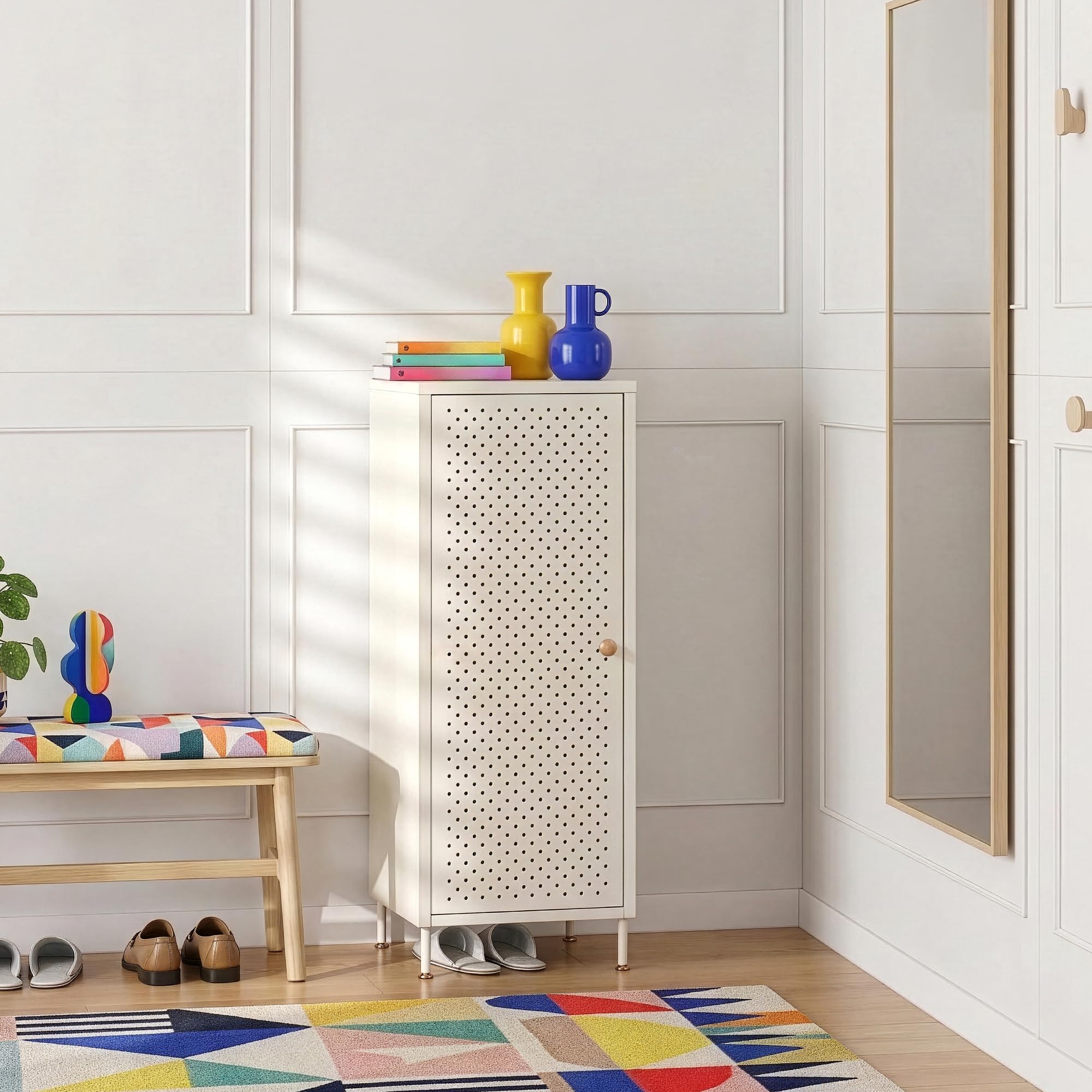 [en.casa] Zapatero Coleraine Armario con 3 Estantes Rebulables en Altura y 1 Puerta Batiente Mueble Zapatero Organizador para Zapatos Multiusos Acero 115 x 43 x 35 cm - Blanco Crema