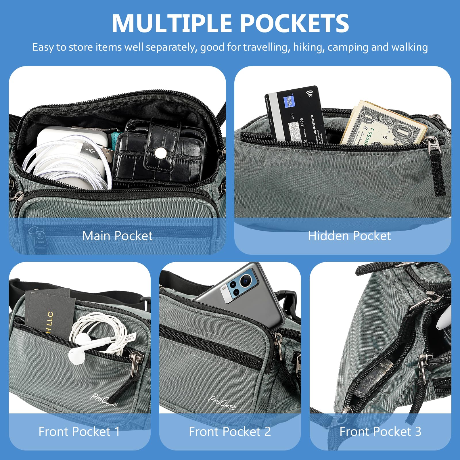 ProCase Marsupio Nero con 6 Tasche, Marsupio per Uomo e Donna Lavoro Sportivo Viaggio Trekking, Fanny Pack Bag in Nylon con Cinturino Regolabile e Fibbia a Sgancio Rapido -Grigio M