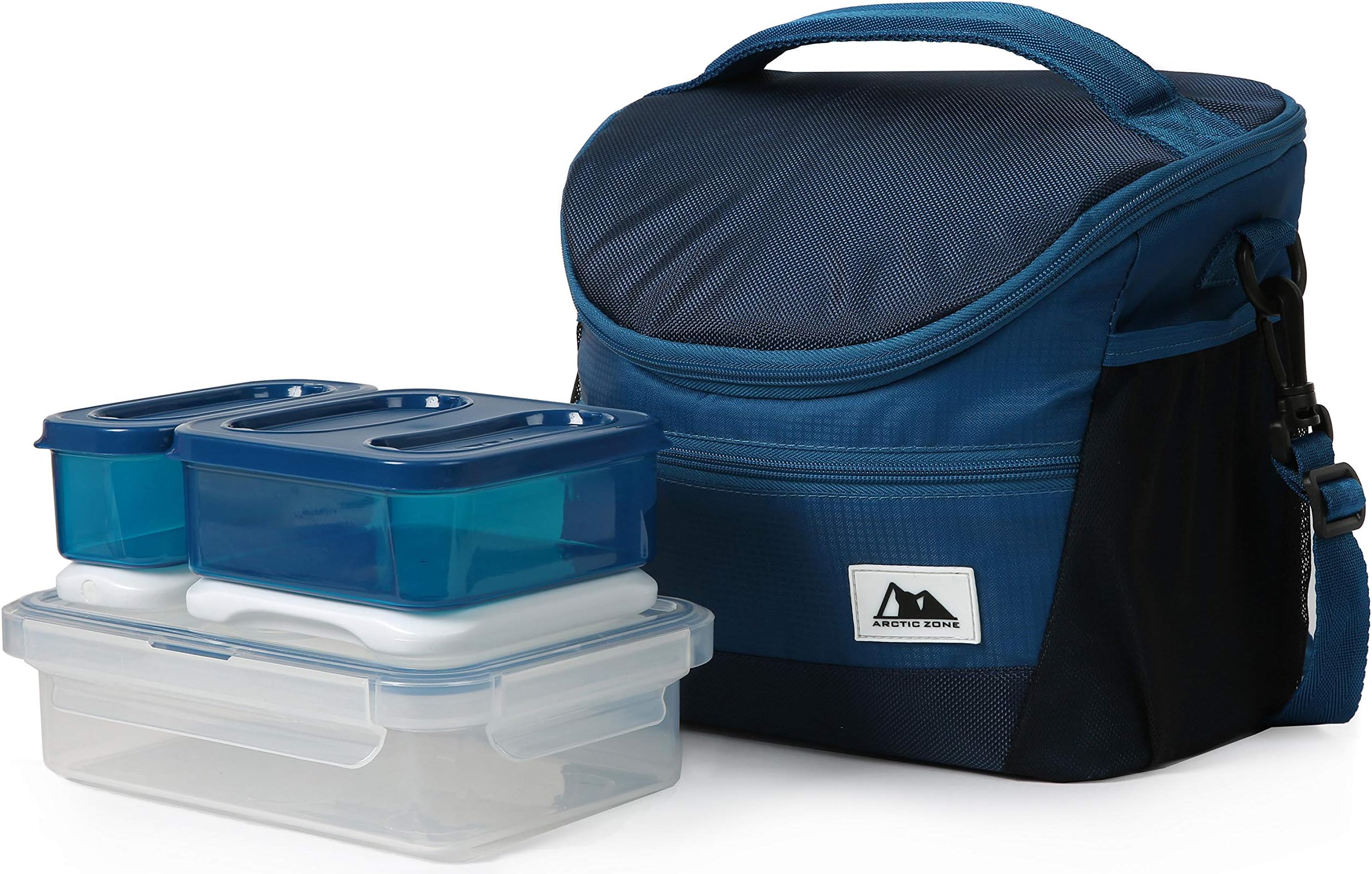 Arctic Zone High Performance Meal Prep Day Pack Lunch Bag with 8 Piece Leak Proof Food Container Set Including 2 Ice Bricks - Navy