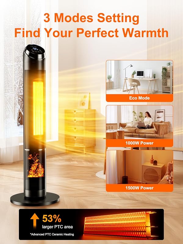 Uthfy 38” Space Heater for Indoor Use, Electric Room Heater with Flame Effect, 120° Oscillation, 24H Timer, Remote Control, Thermostat & ECO Mode, Tip-over & Overheat Protection for Large Rooms by Uthfy - Image 5