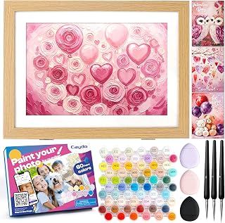 Caydo Custom Paint by Numbers Kit for Adults, Turn Your Photo into A4 Paint Templates in 5 Minutes via App with 60-Color Acrylic Set and 3 Blank Canvases for Valentine's Day Gift(with Frame)