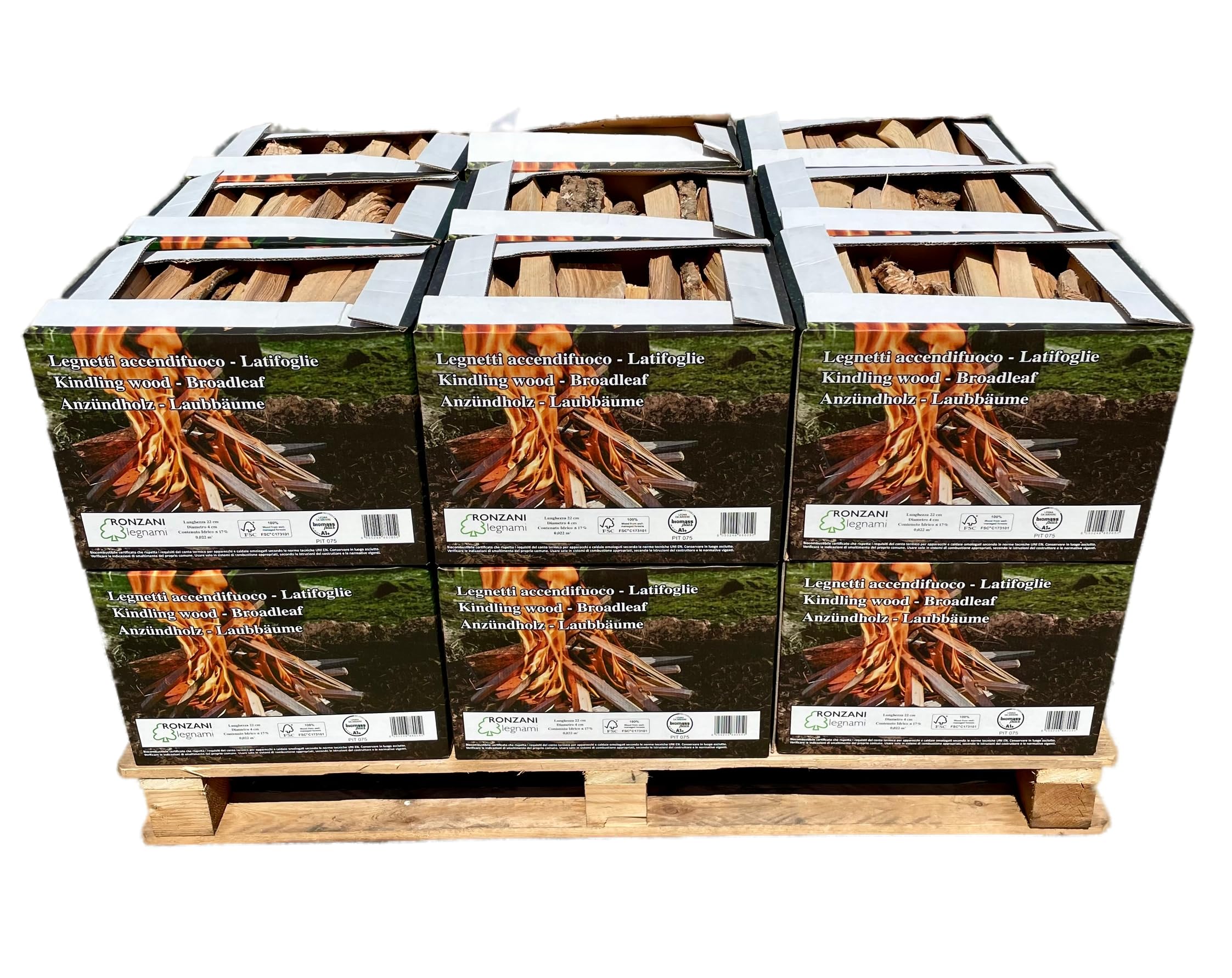 Legnetti Accendifuoco di Latifoglie - 22 cm - Certificati FSC e BiomassPlus - Naturali, Ecologici - Per Barbecue, Camini, Stufe e Forni - 100% legna secca e naturale - Bancale da 18 scatole