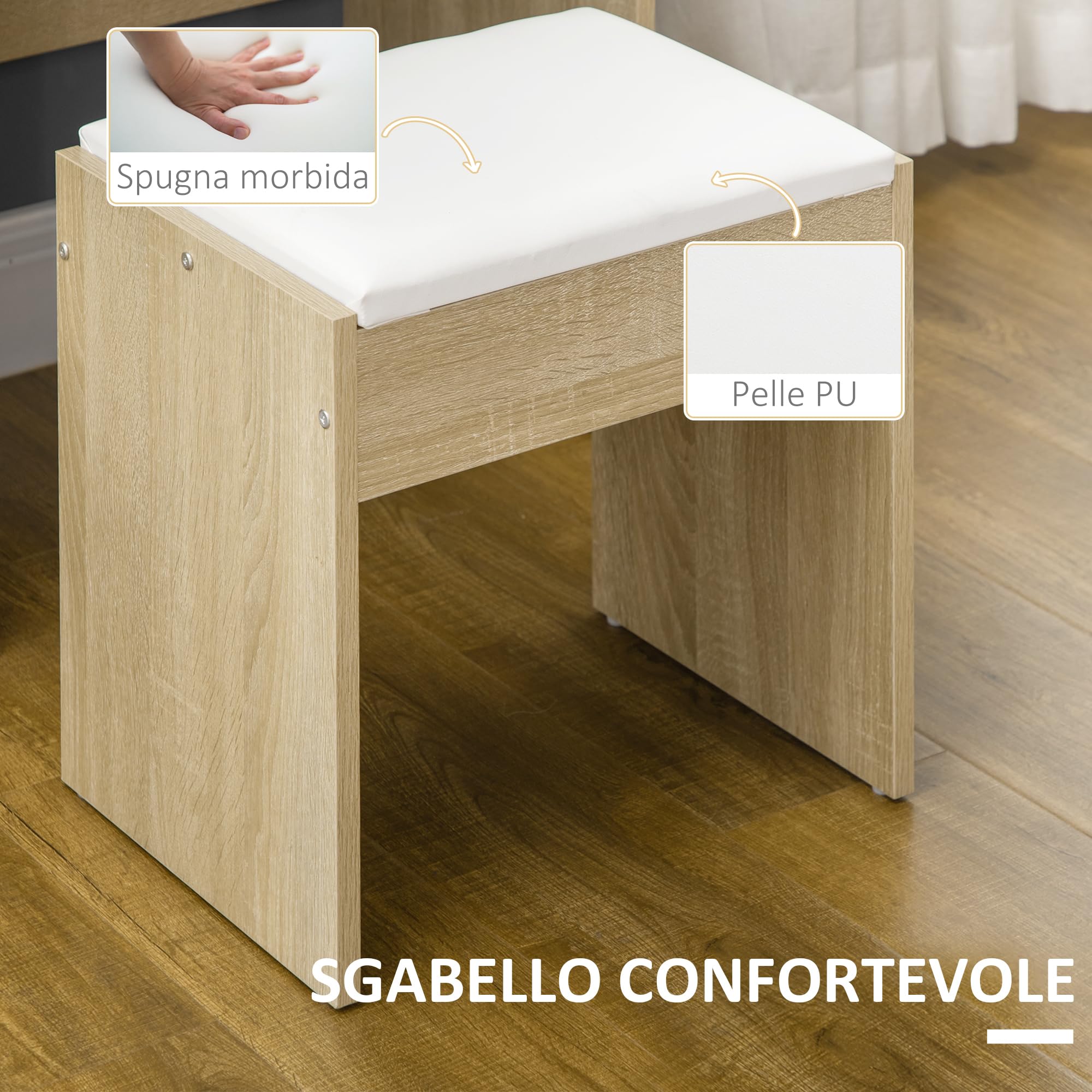 HOMCOM Postazione Trucco con Specchio Grande in Vetro Temperato, Toeletta Trucco con Sgabello Imbottito, 4 Cassetti e 4 Ripiani, Postazione Make Up per Camera da Letto, Colore Legno