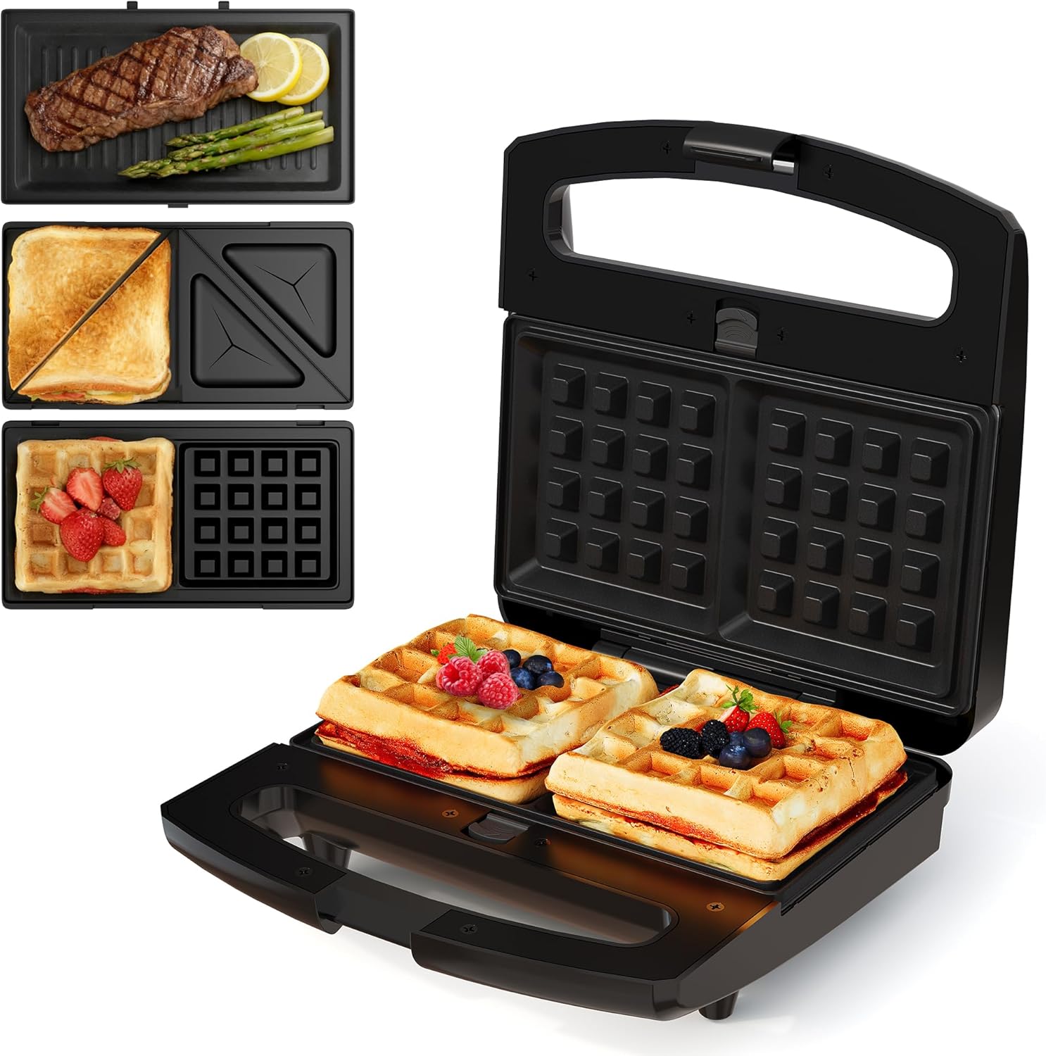 Image showing the SUNVIVI sandwich maker with waffle plates installed, and separate grill and sandwich plates next to it, demonstrating the interchangeability.