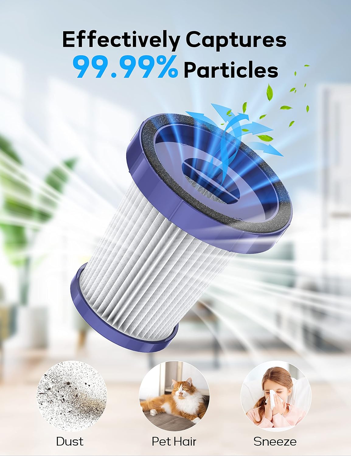 Voweek HEPA filter capturing dust, pet hair, and sneeze particles
