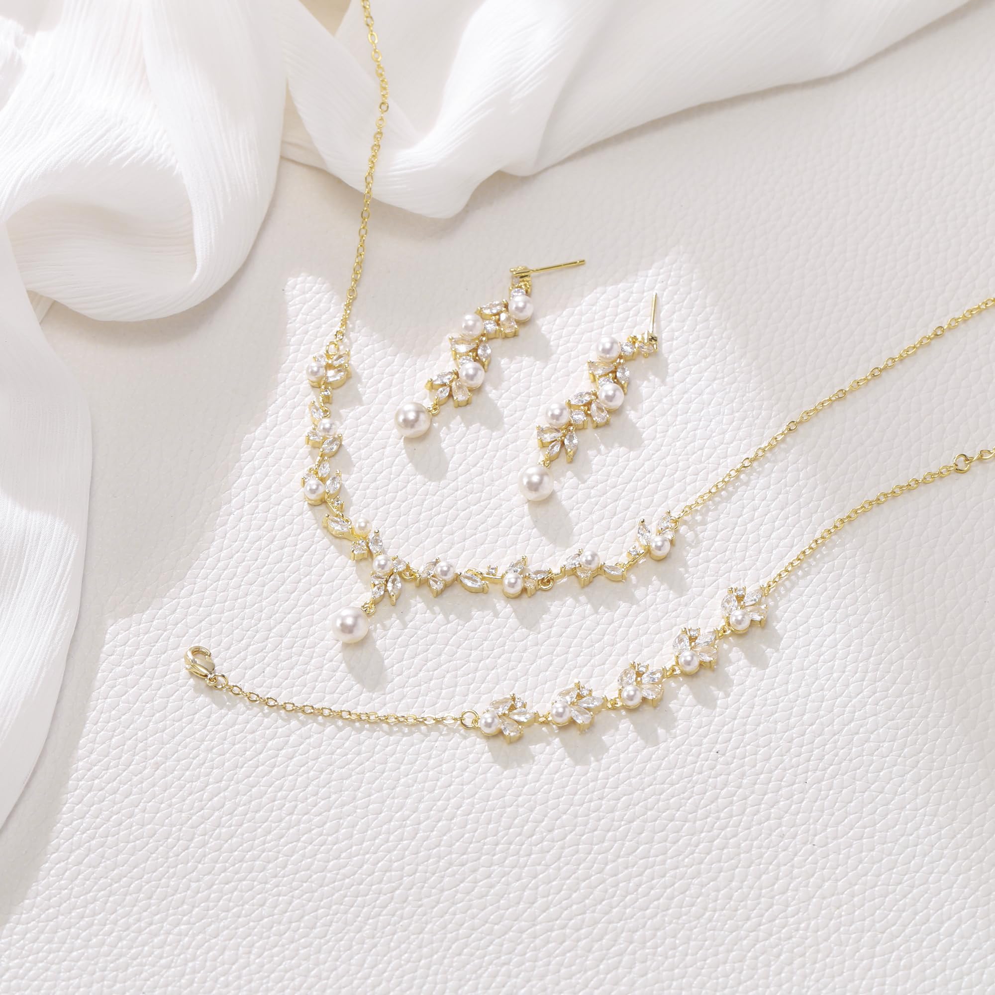 Braut Schmuck Set elfenbeinfarben künstliche Perle Marquise Zirkonia Cluster Anhänger Halskette Ohrhänger und Armband