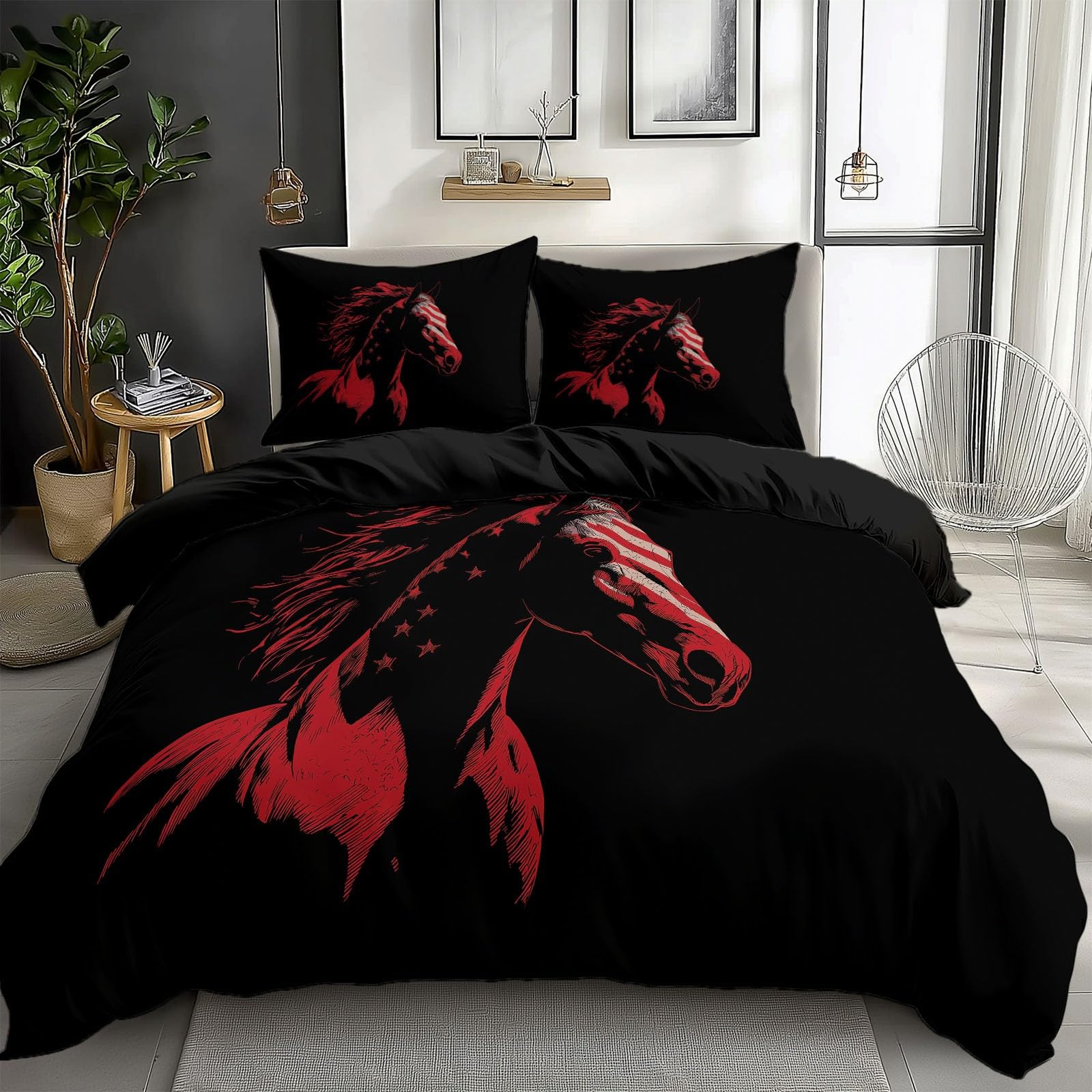 Komplet pościeli w minimalistycznym stylu, flaga konia, 230 x 220 cm, poszewka na kołdrę dla dzieci, miękka mikrofibra, czarna poszwa na kołdrę z poszewką na poduszkę 80 x 80 cm i zamkiem
