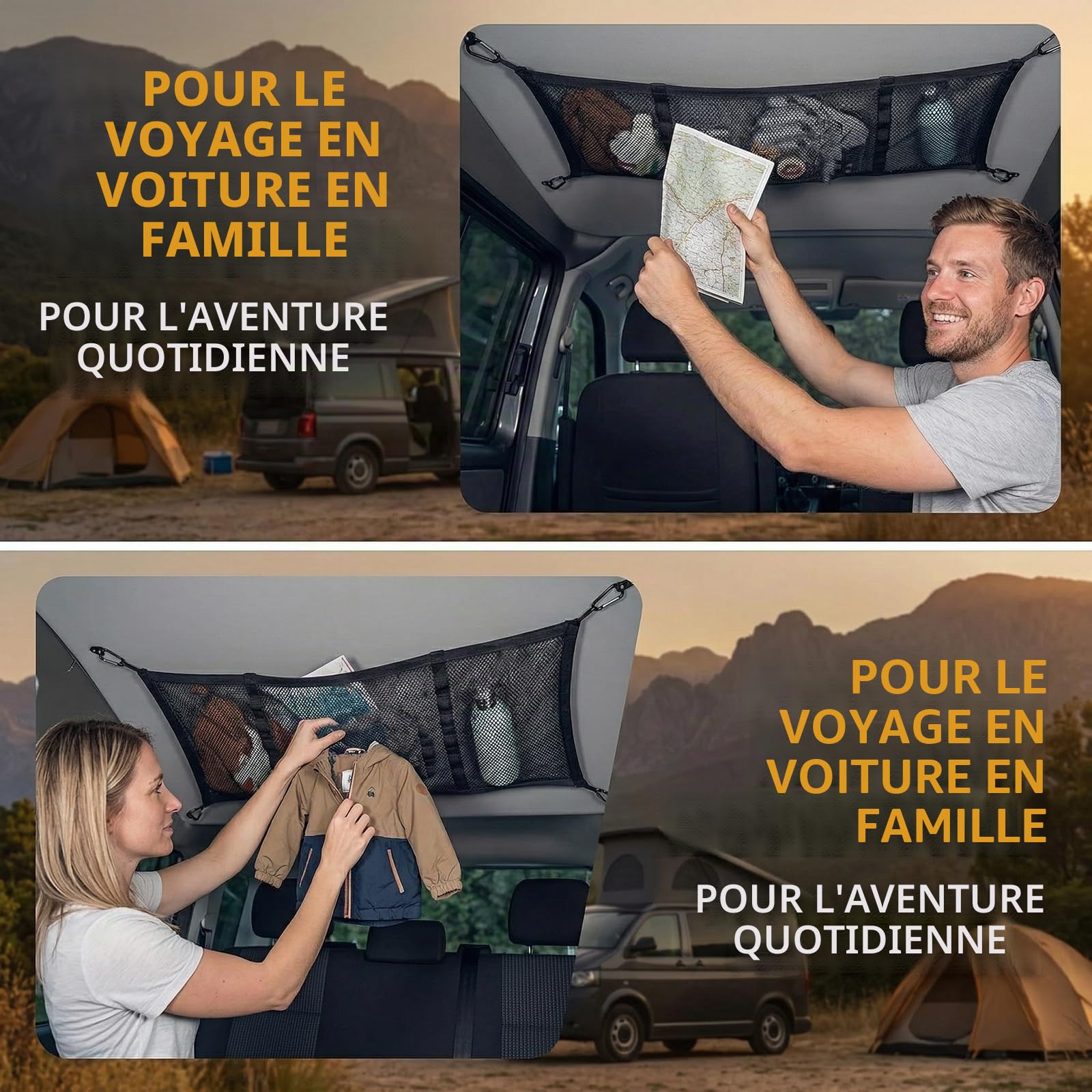 Filet de Rangement de Voiture pour Toit d'installation VW T5 T6, Élastique Filet de Rangement de Poche Oganizer de Rangement pour Camping Car avec 4 Crochets