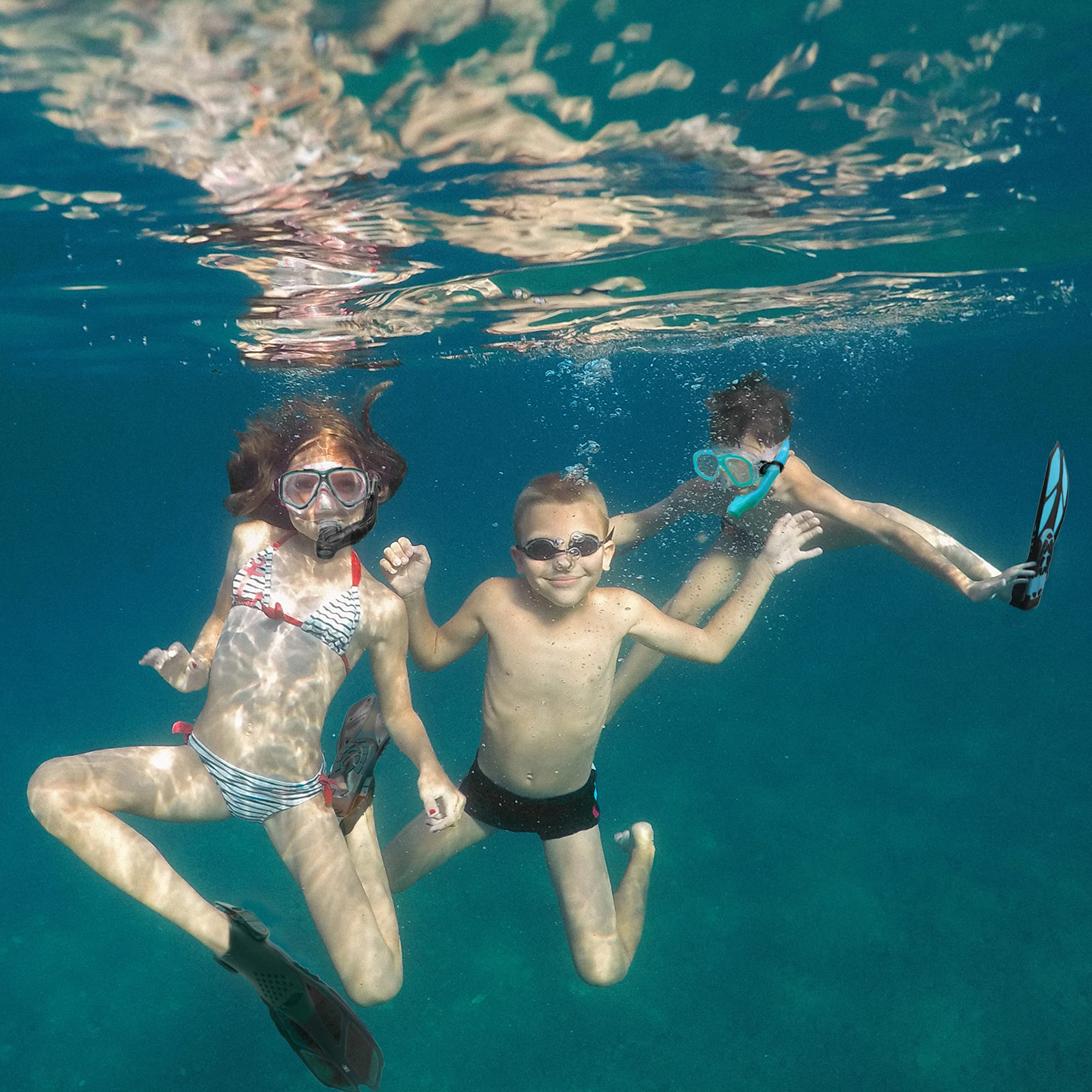 Set da Snorkeling per Bambini con Pinne, Vista Panoramica a 180° Occhialini Antiappannamento, Pinne da Nuoto Regolabili, Snorkel, Borsa in Rete ad Asciugatura Rapida