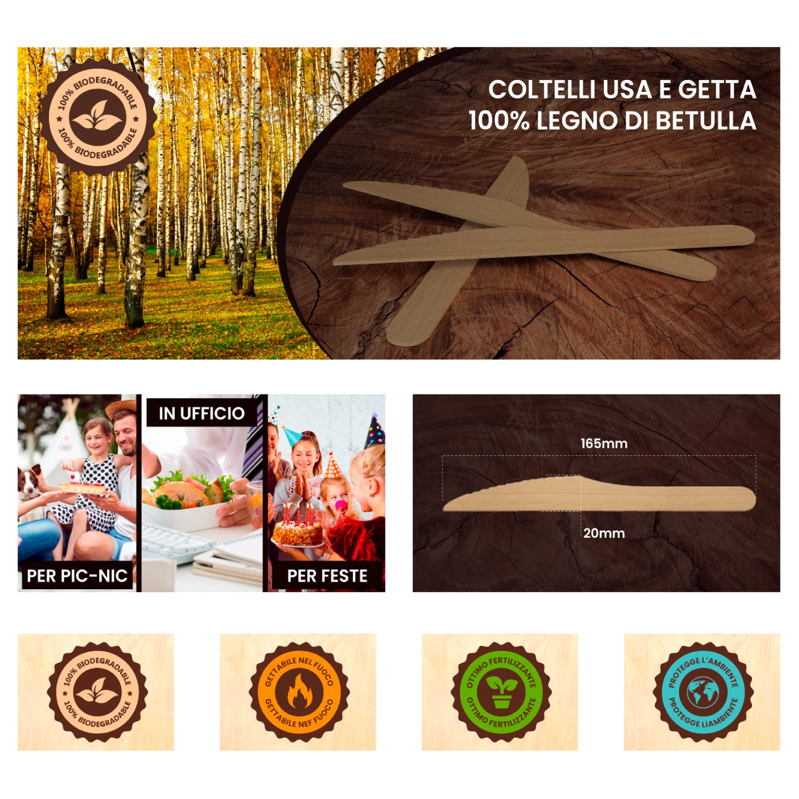 100 Coltelli Ecologici in Legno di Betulla Monouso 100% Naturali Biodegradabili e Compostabili 100 Posate Usa e Getta