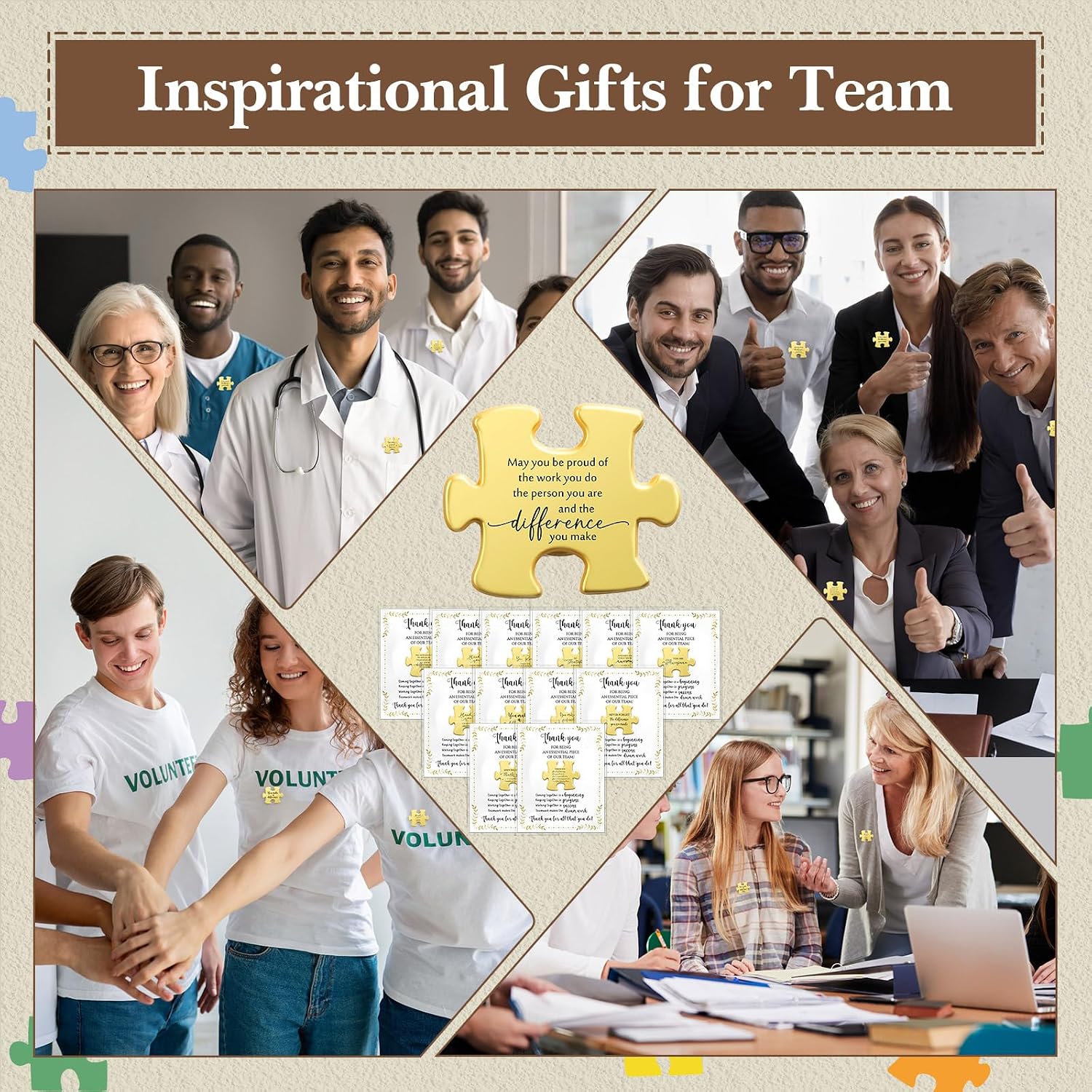 Puzzle Piece Pins Team Employee Appreciation Gifts Bulk 12 Styles Gold Puzzle Piece Pin with Thank You Cards for Employee Coworkers Staff Office Soccer Baseball Team Gifts Lapel Pin