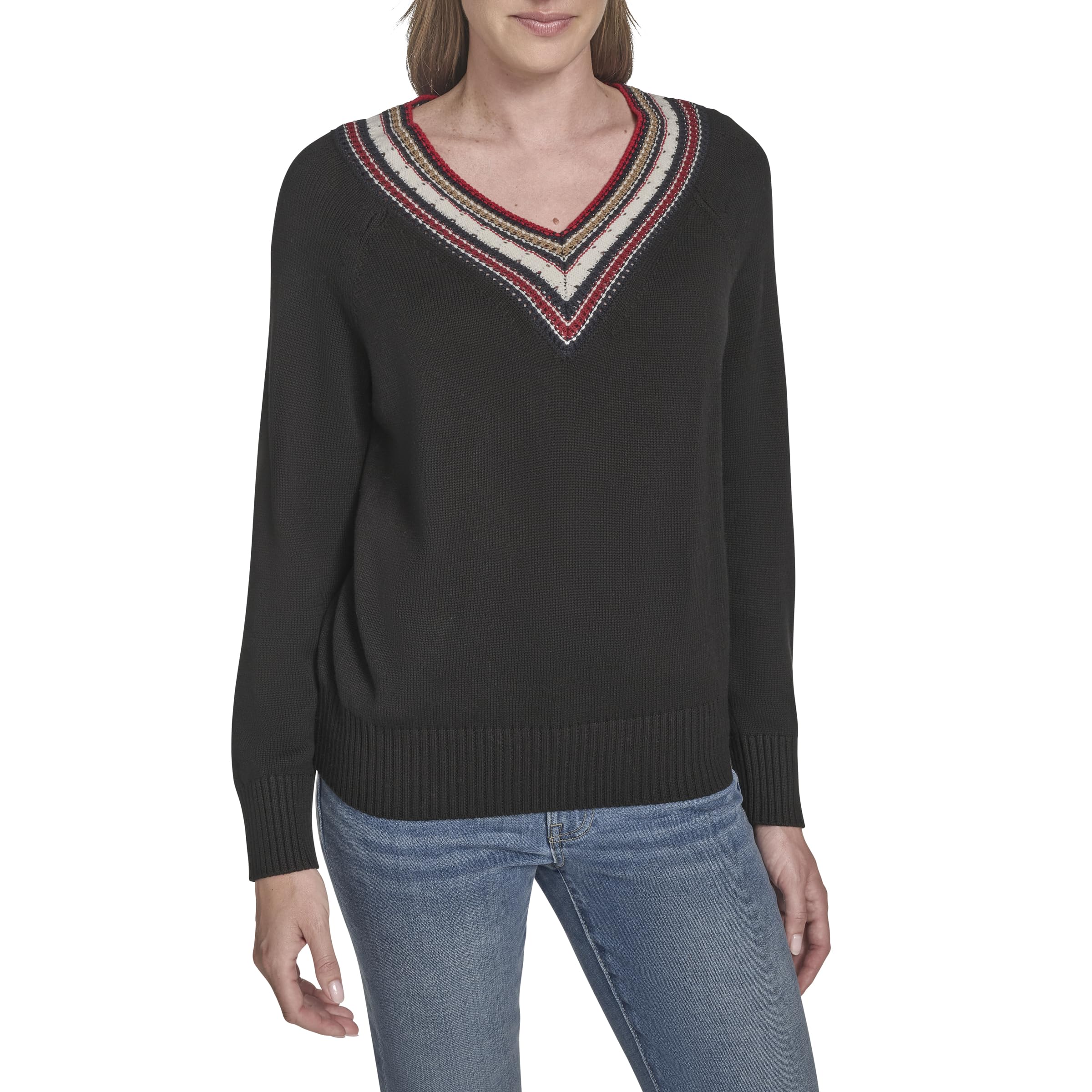 Tommy Hilfiger Womens Solid V-Neck Pullover Tipped Sweater