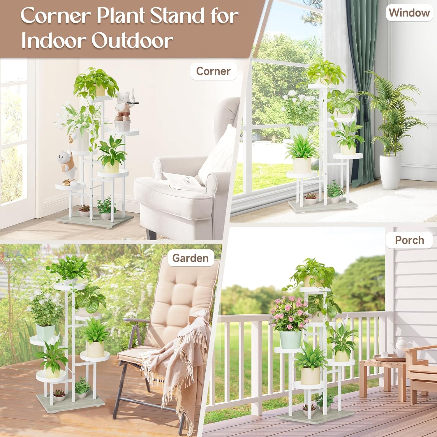 iDavosic.ly 5 Tier Plant Stand Indoor, Tiered Corner Flower Holder Shelf Outdoor, Metal Tall Orchid Display Rack for Patio Porch Garden Balcony Office Living Room, Space Saving, White